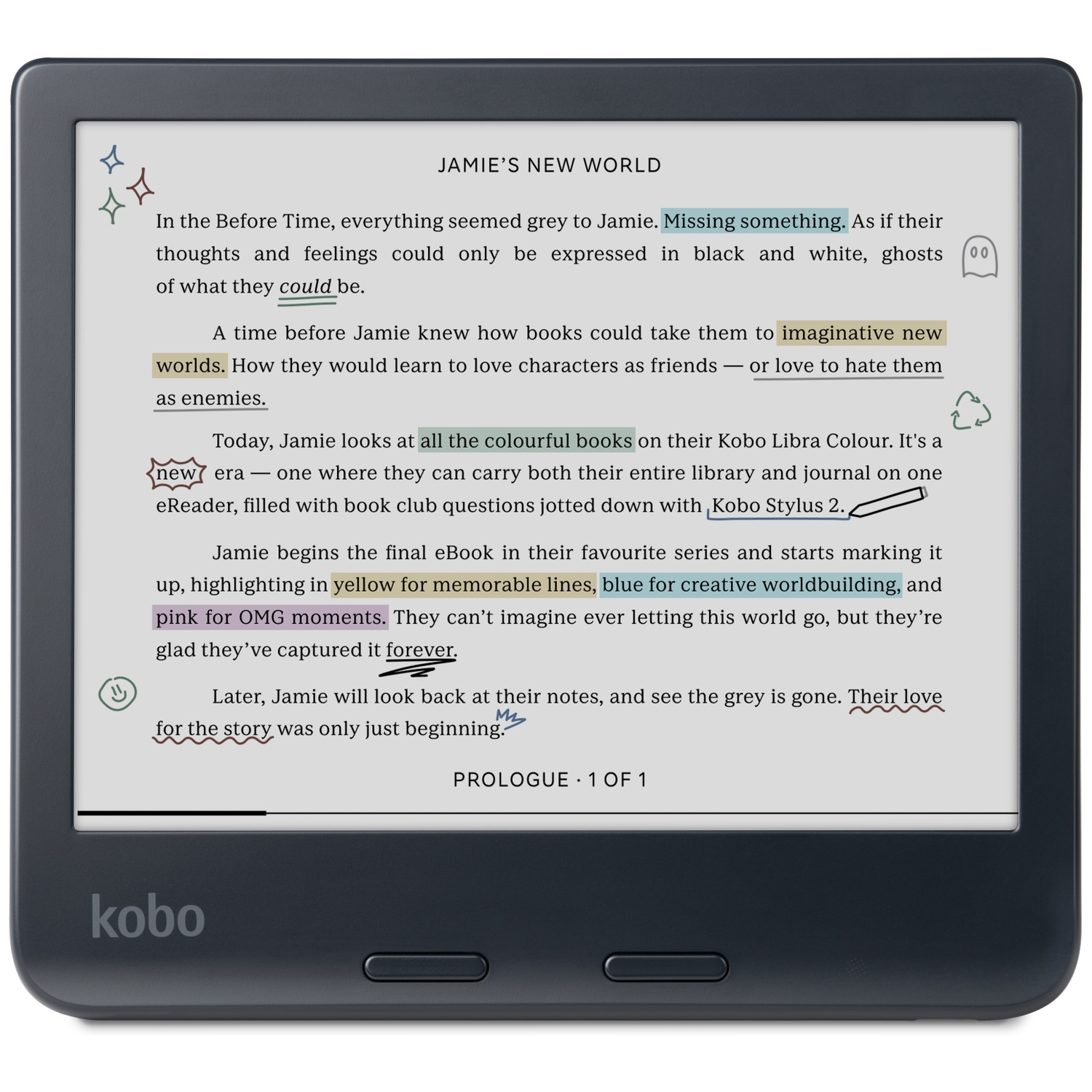 A Kobo e-reader displays a highlighted e-book page with handwritten notes.
