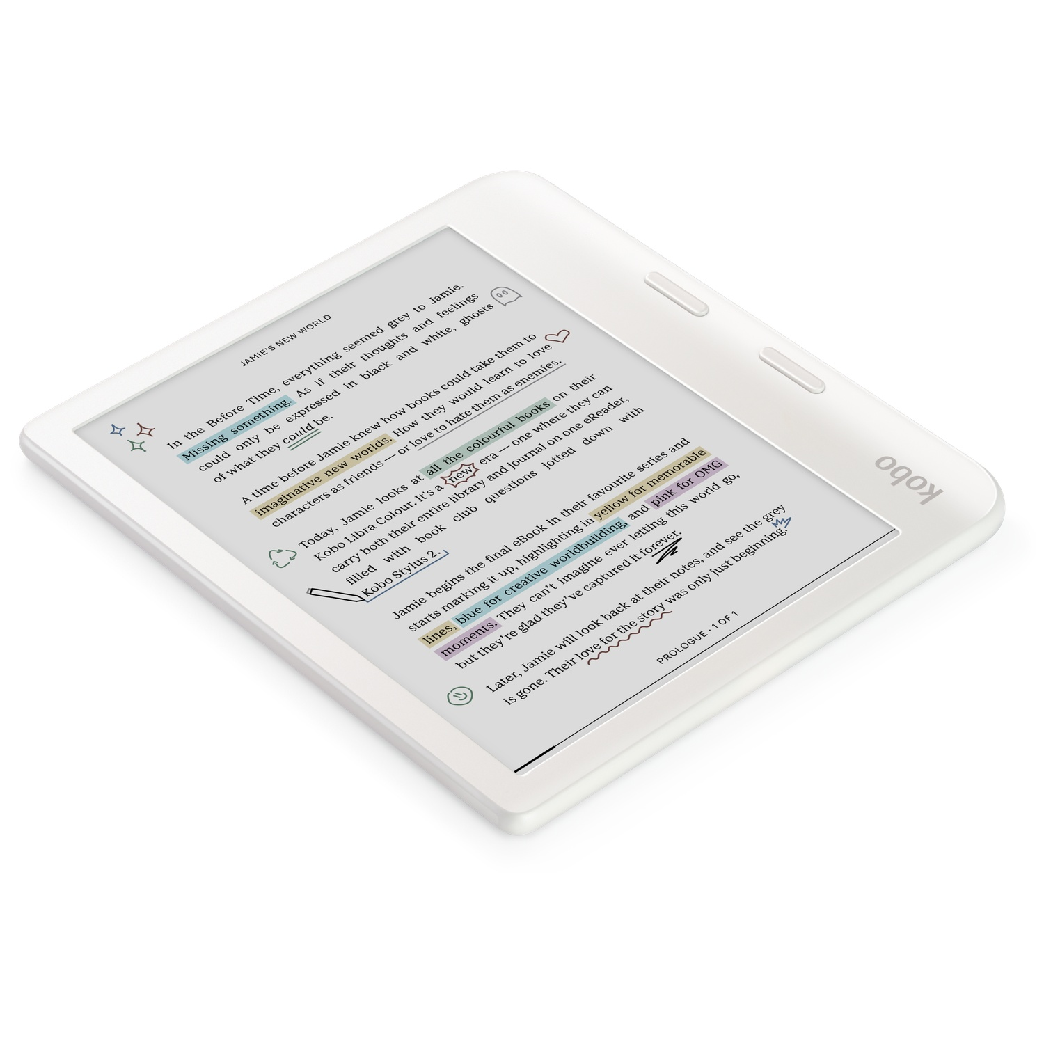 A white Kobo e-reader lies on a white background, displaying color-highlighted text on its screen.