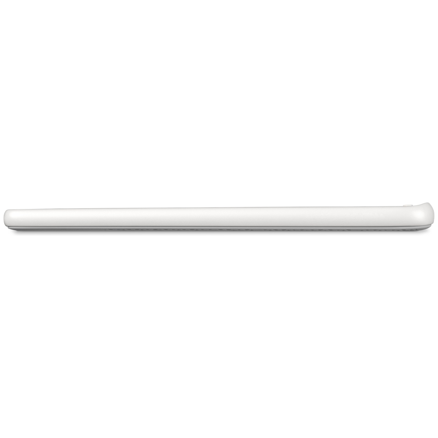 Side view of a slim, white smartphone on a light background.