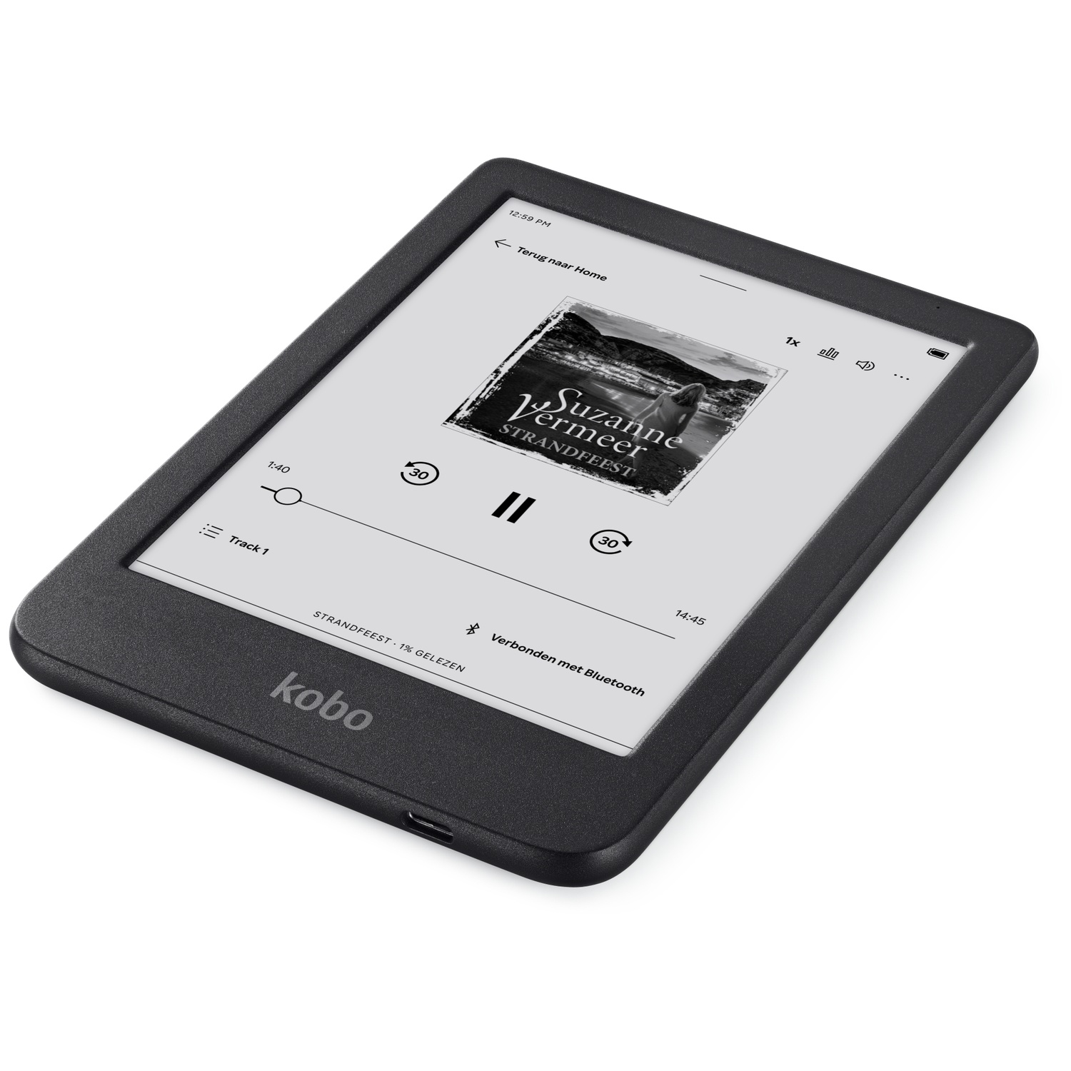 A black Kobo e-reader displaying an audiobook audio playback menu on its screen.