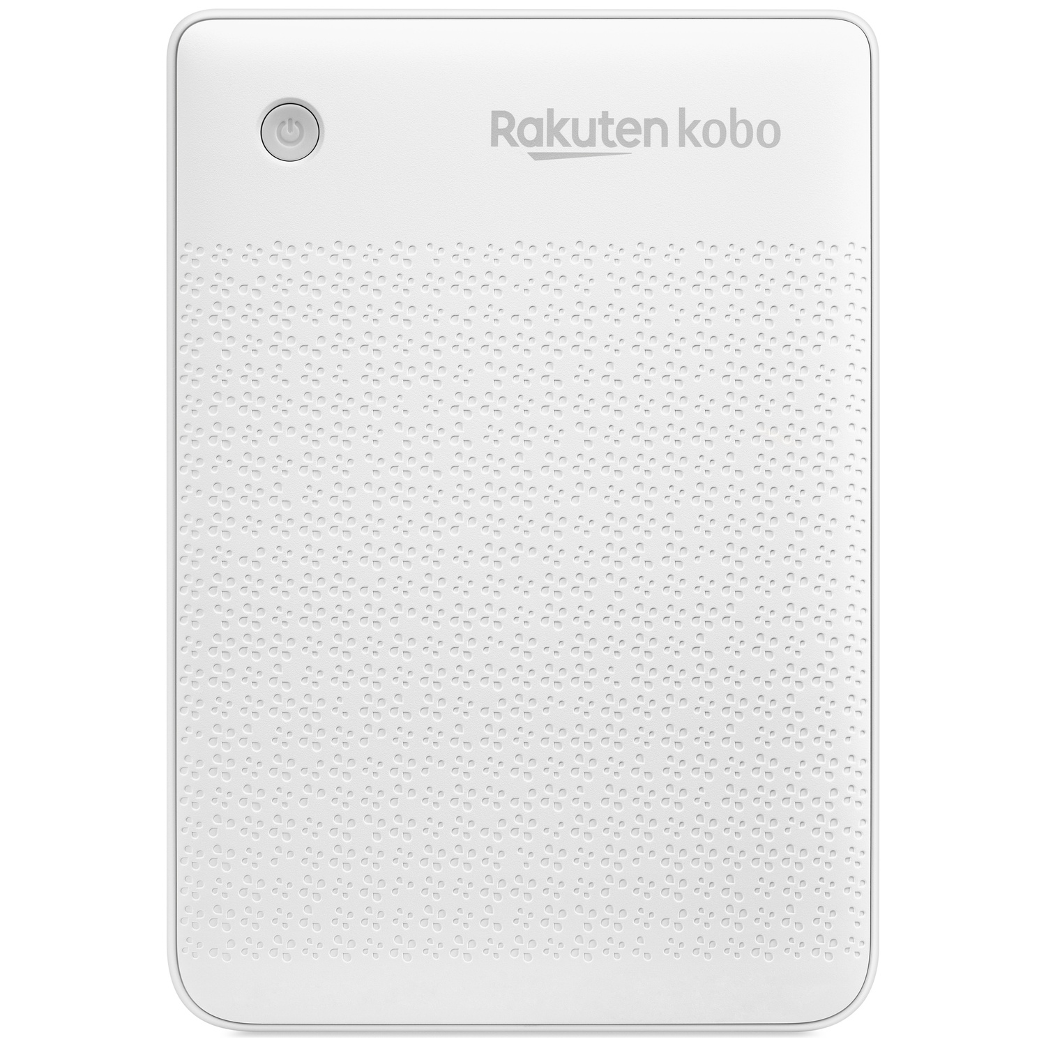 A white Rakuten Kobo e-reader case featuring a patterned texture and power button.