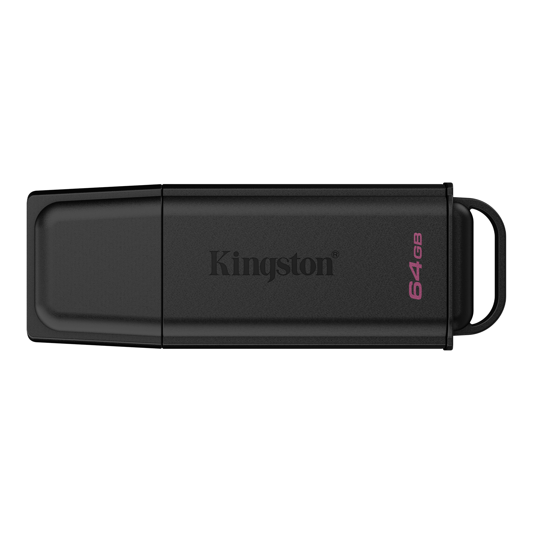 Egy fekete, 64 GB-os Kingston USB flash meghajtó levehető kupakkal, fehér háttérrel.