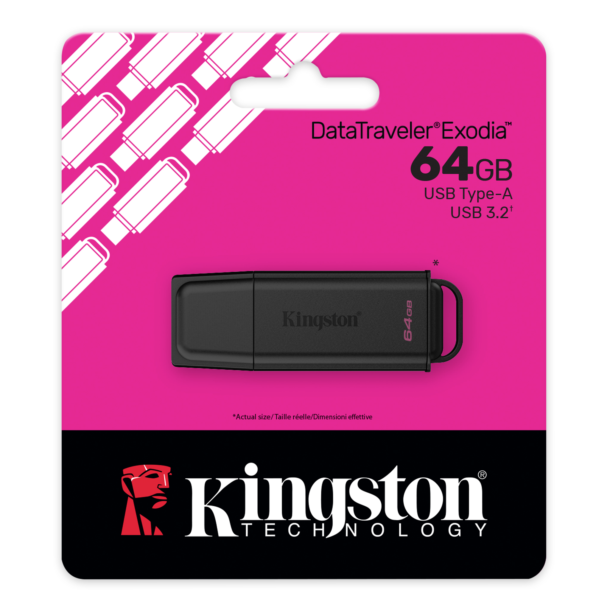 Kingston DataTraveler Exodia 64GB USB flash drive rózsaszín és fekete csomagolásban.