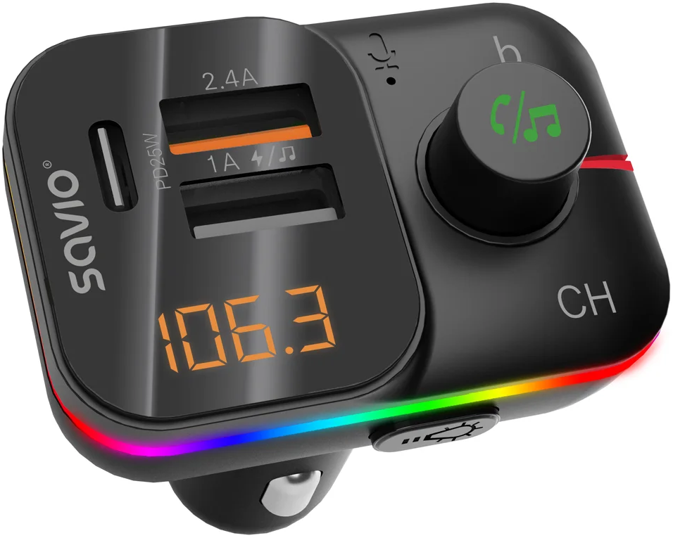Fekete FM-jeladó USB-portokkal, digitális kijelzővel és színes LED-fénycsíkkal.