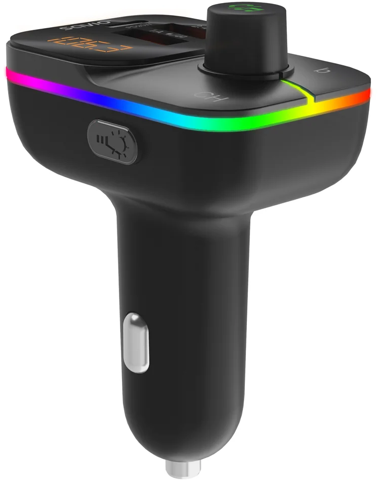 Fekete autós töltő RGB LED fénycsíkkal, digitális kijelzővel, vezérlőgombbal és USB-portokkal.