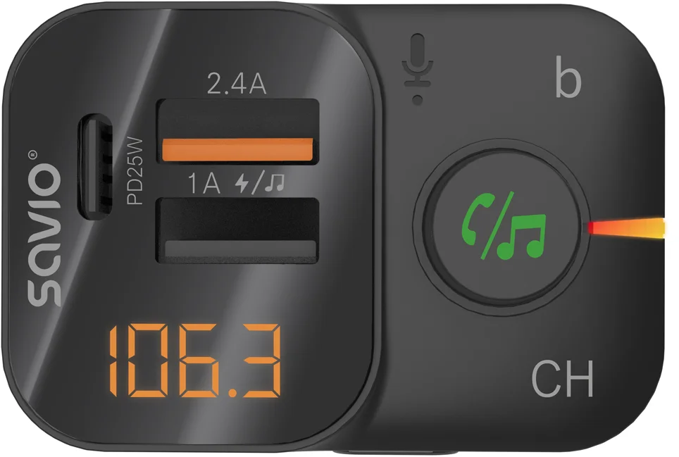 Fekete autós FM-jeladó USB-portokkal, narancssárga 106.3-as kijelzővel és zöld ikonokkal.