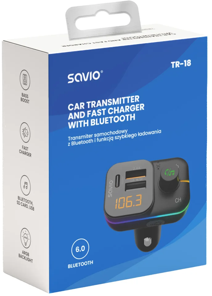 Egy Savio TR-18 autós Bluetooth adó és gyorstöltő csomagolása.