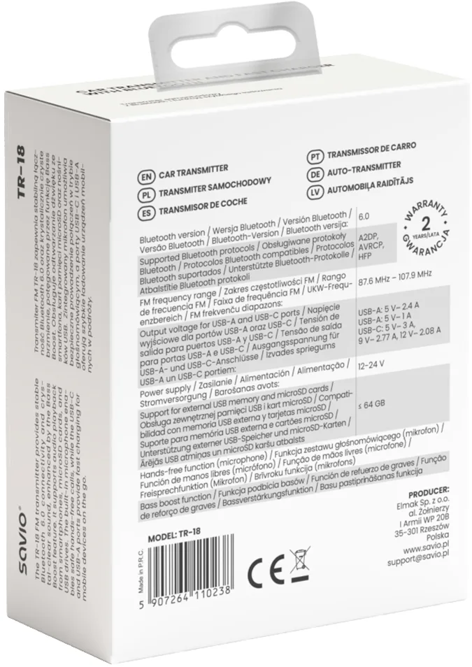 Egy Savio TR-18 autós transzmitter csomagolásának hátoldala műszaki adatokkal és CE jelöléssel.