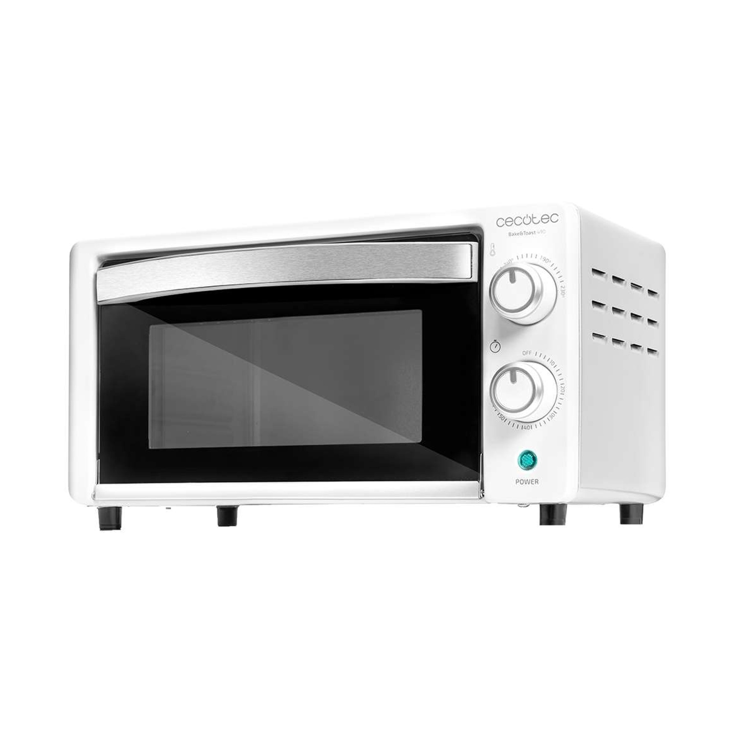 Un forno compatto bianco con porta in vetro, due manopole rotative e una spia di accensione blu.