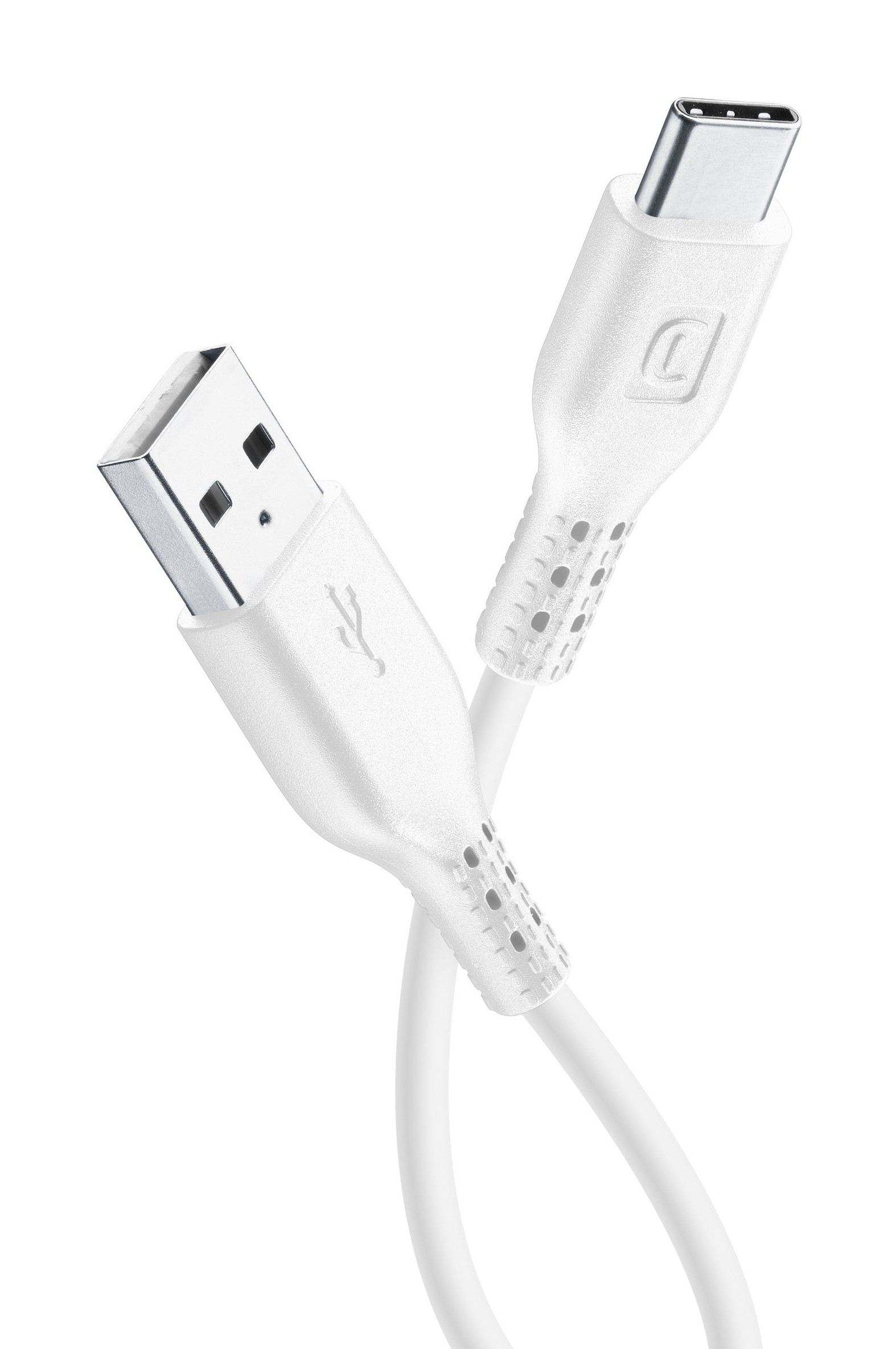 Un cable USB blanco con un conector USB-A y un USB-C sobre fondo blanco.