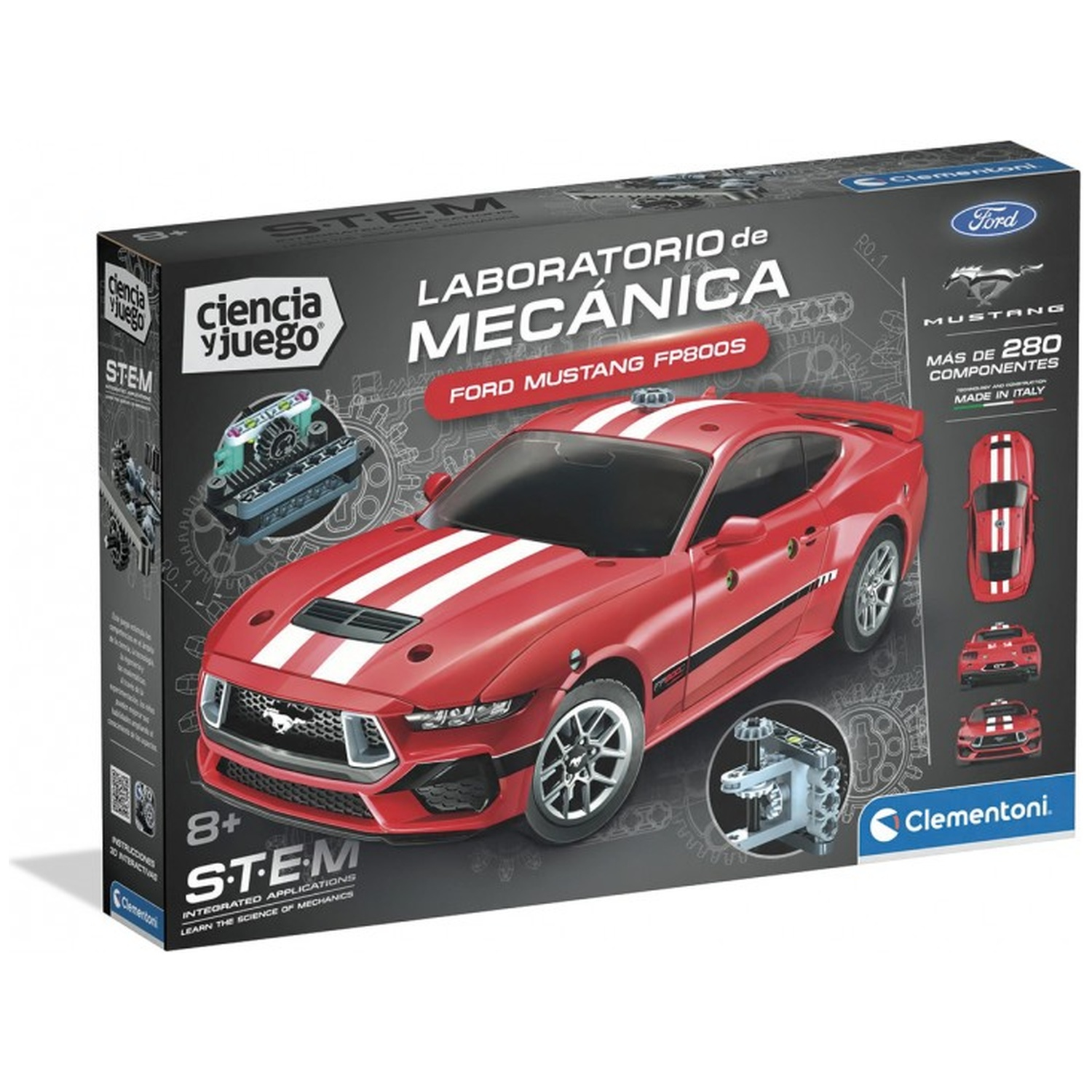 Verpakking van een Clementoni mechanicalaboratorium met een rode Ford Mustang modelauto en onderdelen.