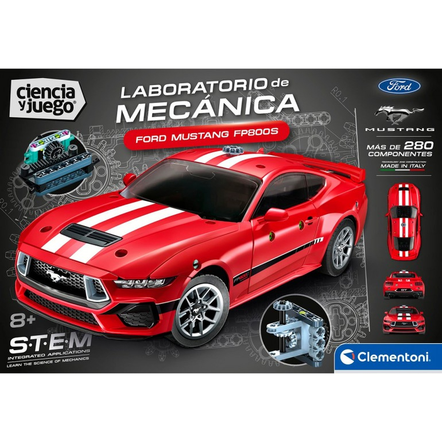 Verpakking van een rode Ford Mustang STEM mechanica bouwset van Clementoni tegen een donkere achtergrond.