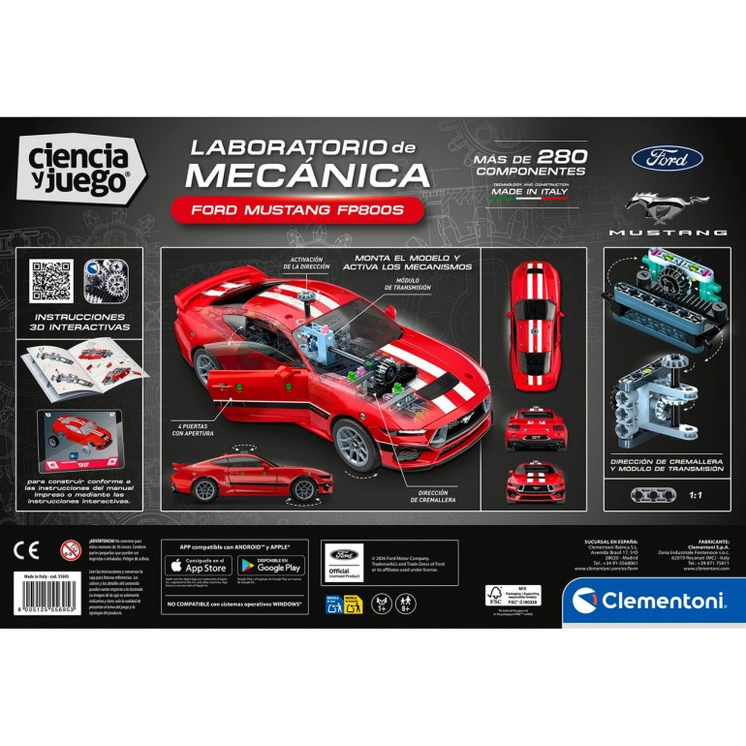 Clementoni Mechanica Laboratorium Ford Mustang FP800S doos met rode modelauto en onderdelen.