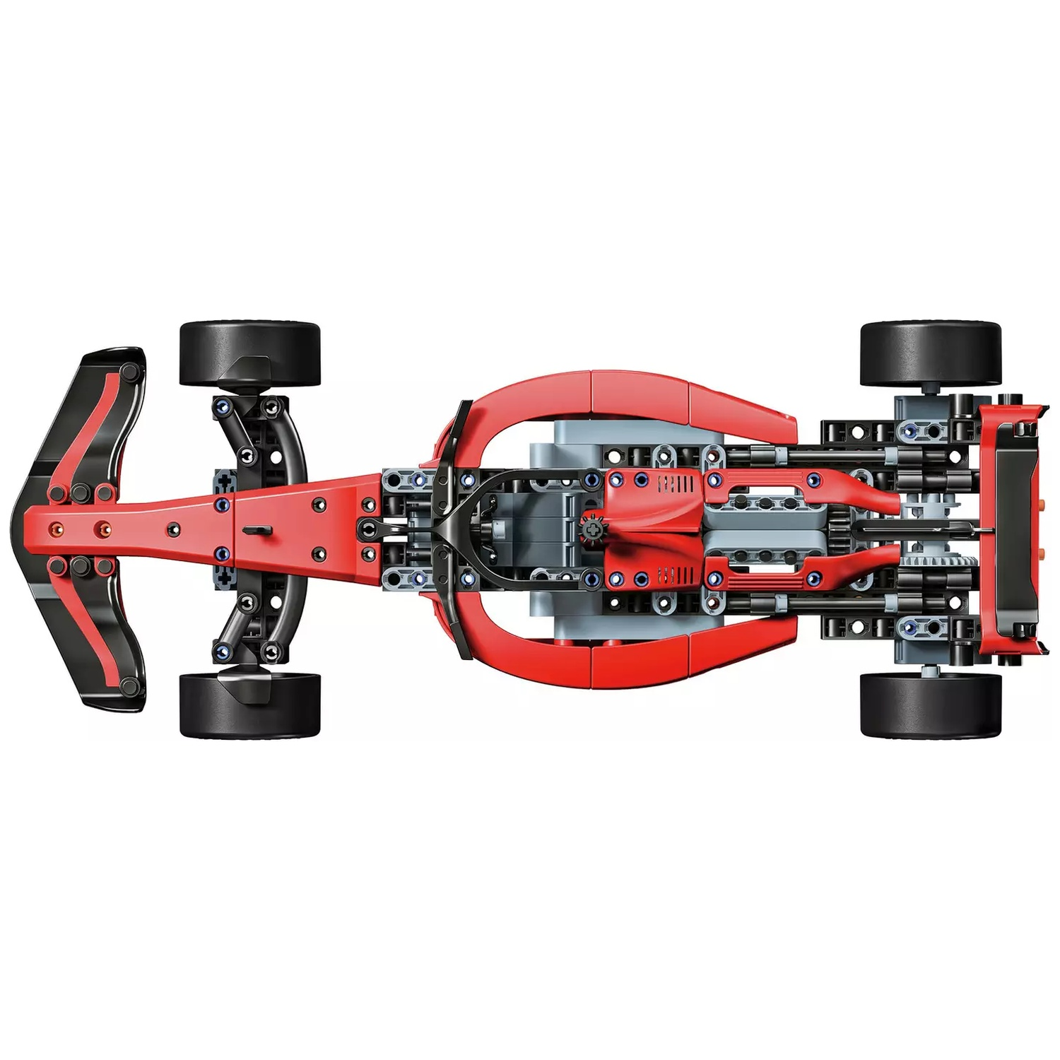 Bovenaanzicht van een rood-zwarte Lego Technic formule racewagen op een witte achtergrond.