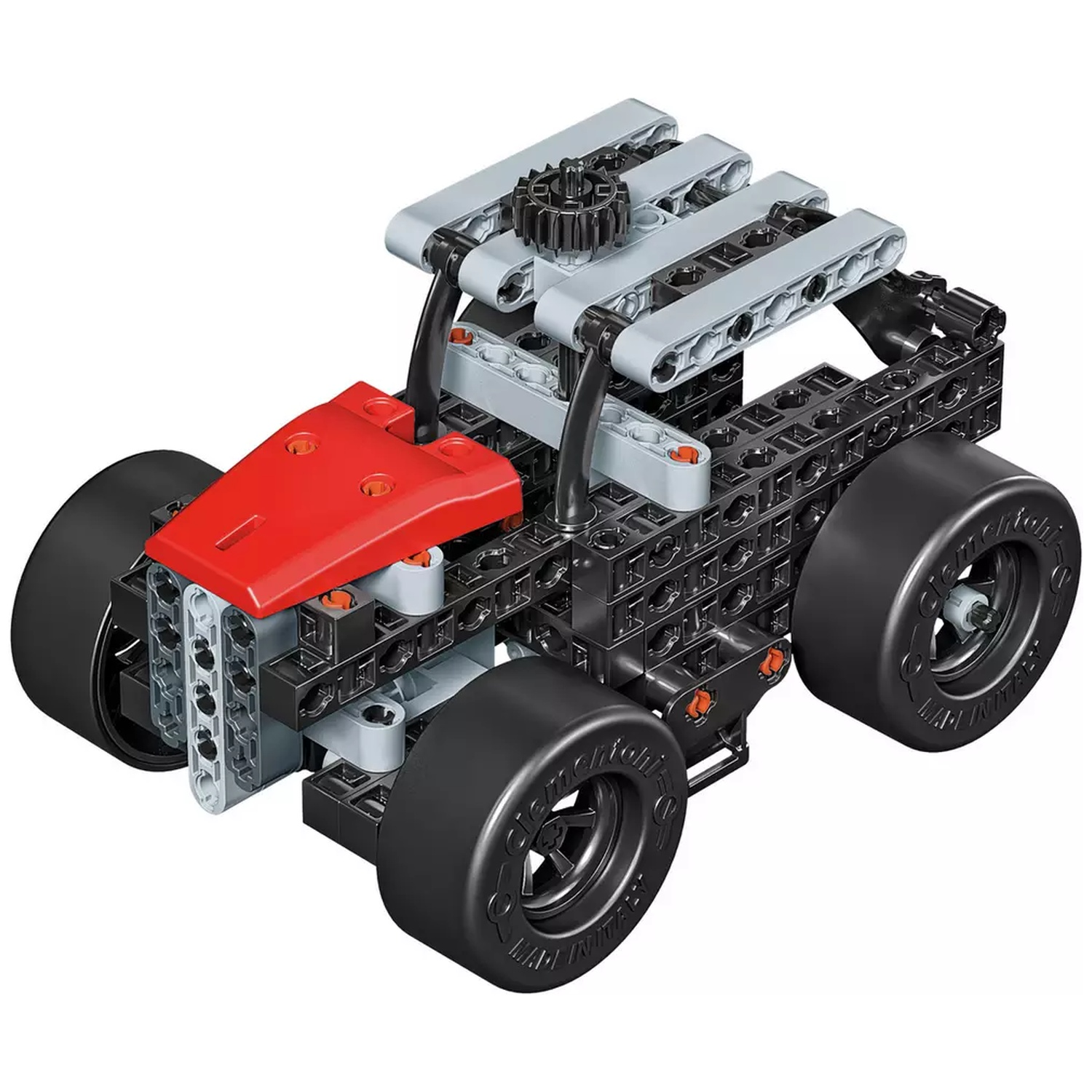 Een speelgoedauto van plastic constructieonderdelen met grijze, zwarte en rode elementen.