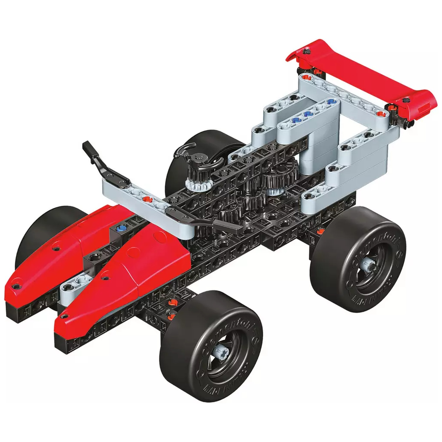 Een speelgoedraceauto van zwarte, grijze en rode plastic blokjes, met grote zwarte wielen en een achterspoiler.