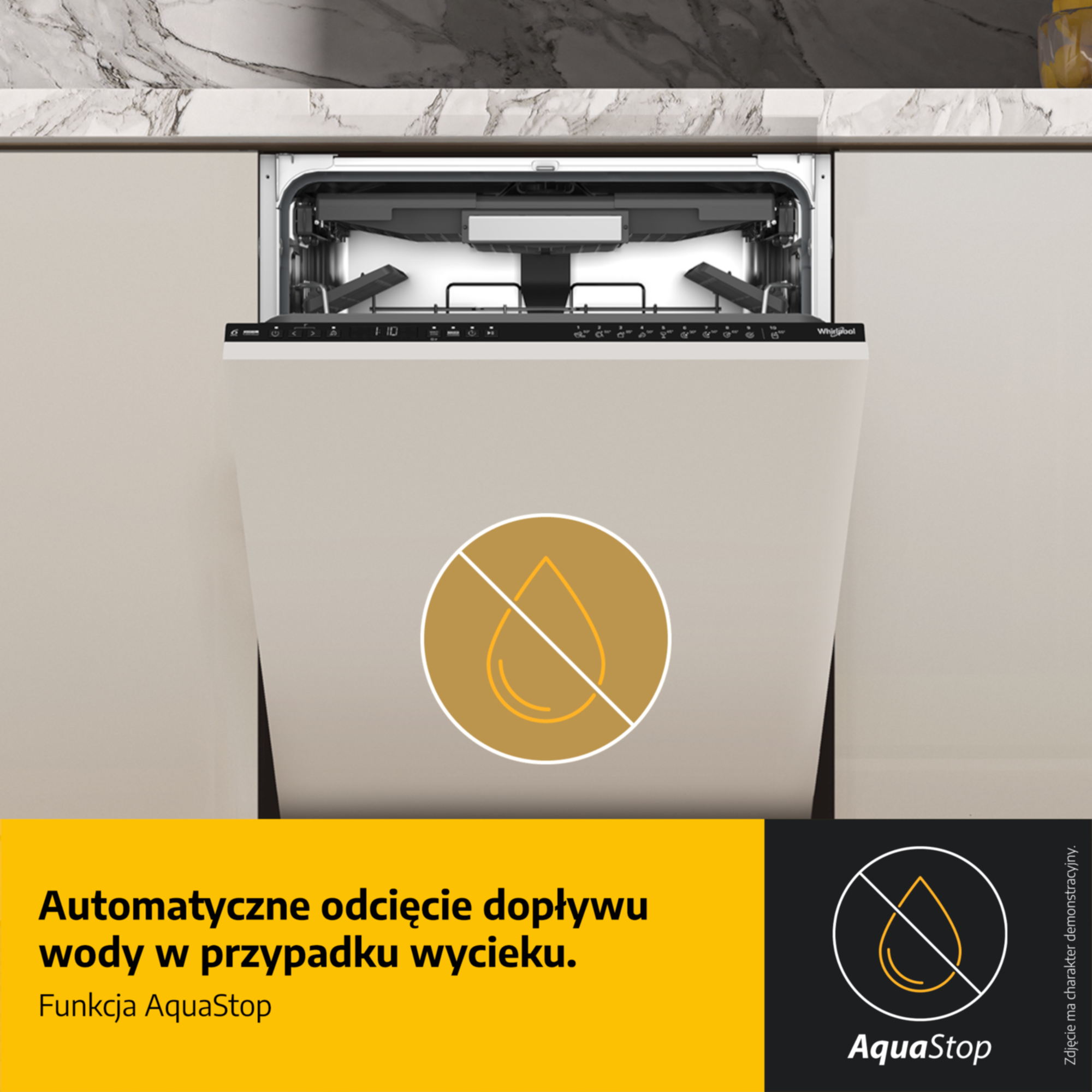 Zmywarka do zabudowy w szafce kuchennej z ikoną AquaStop z przodu.