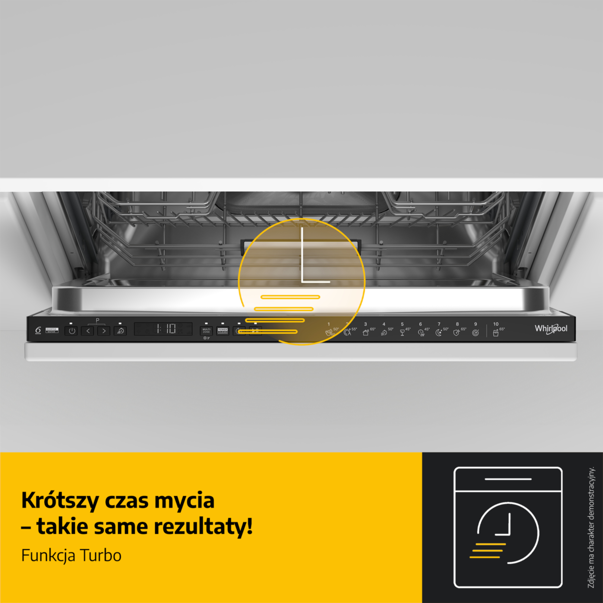Otwarta zmywarka Whirlpool z cyfrowym wyświetlaczem i żółtą ikoną funkcji turbo.