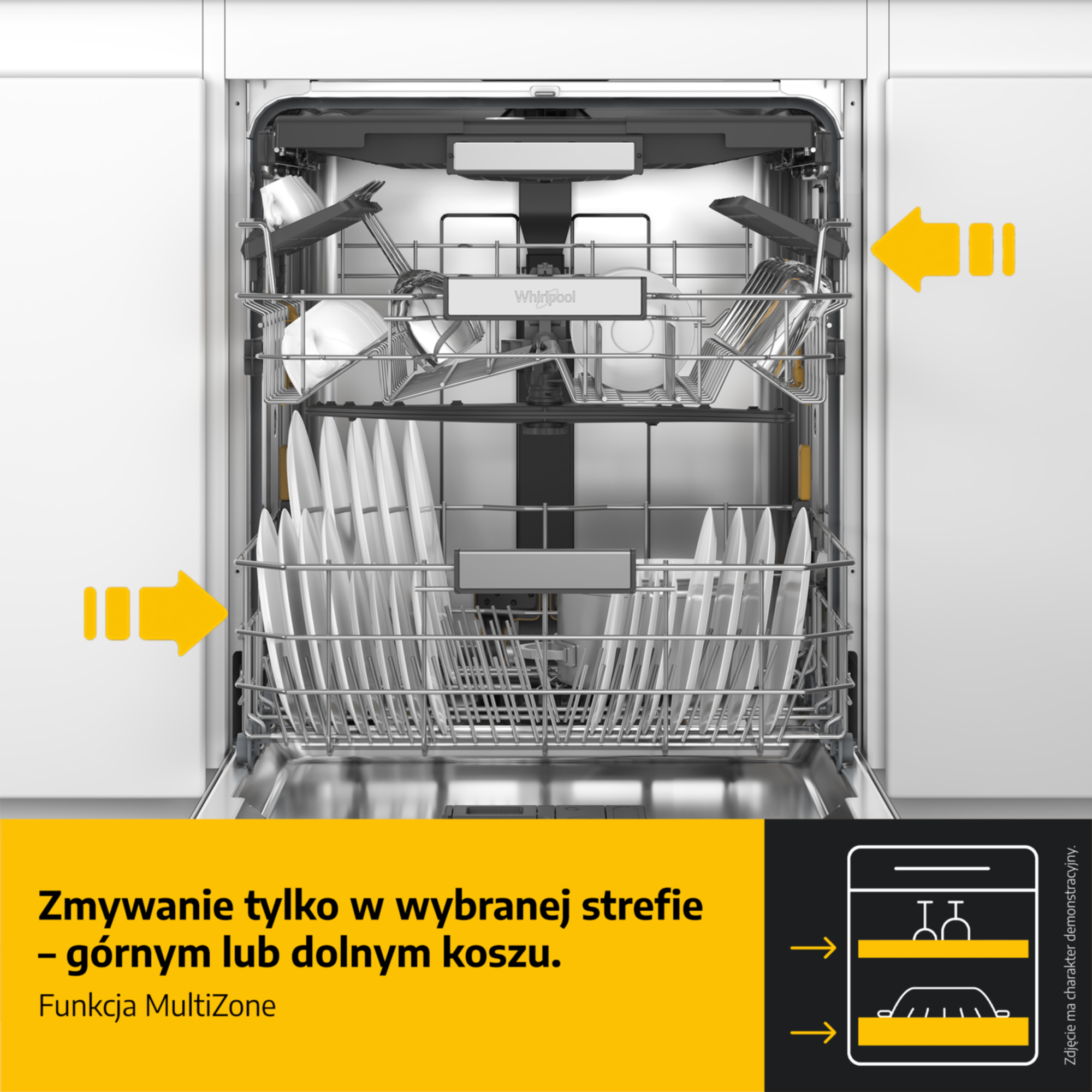 Zmywarka z załadowanymi koszami, żółtymi strzałkami wskazującymi strefy oraz tekstem u dołu.