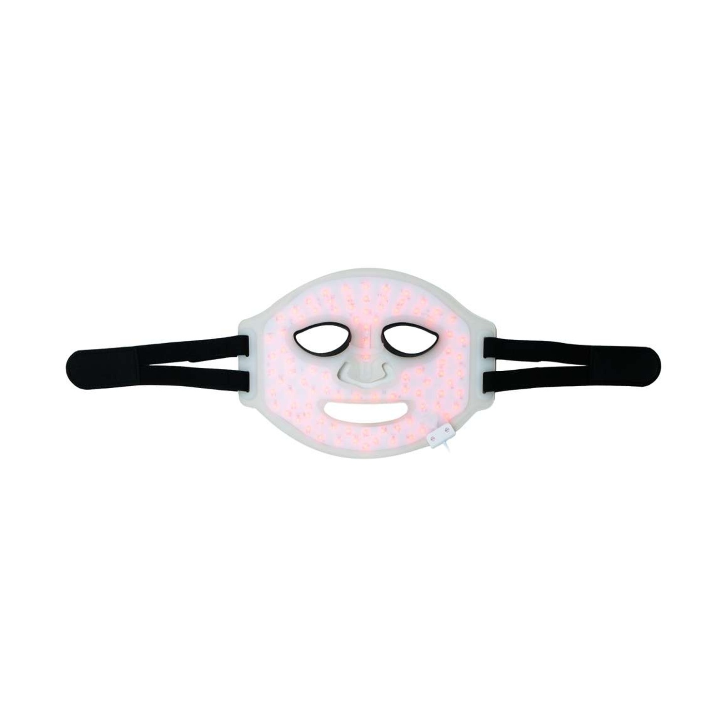 Una maschera facciale a LED bianca con luce rossa e cinturini neri su sfondo bianco.