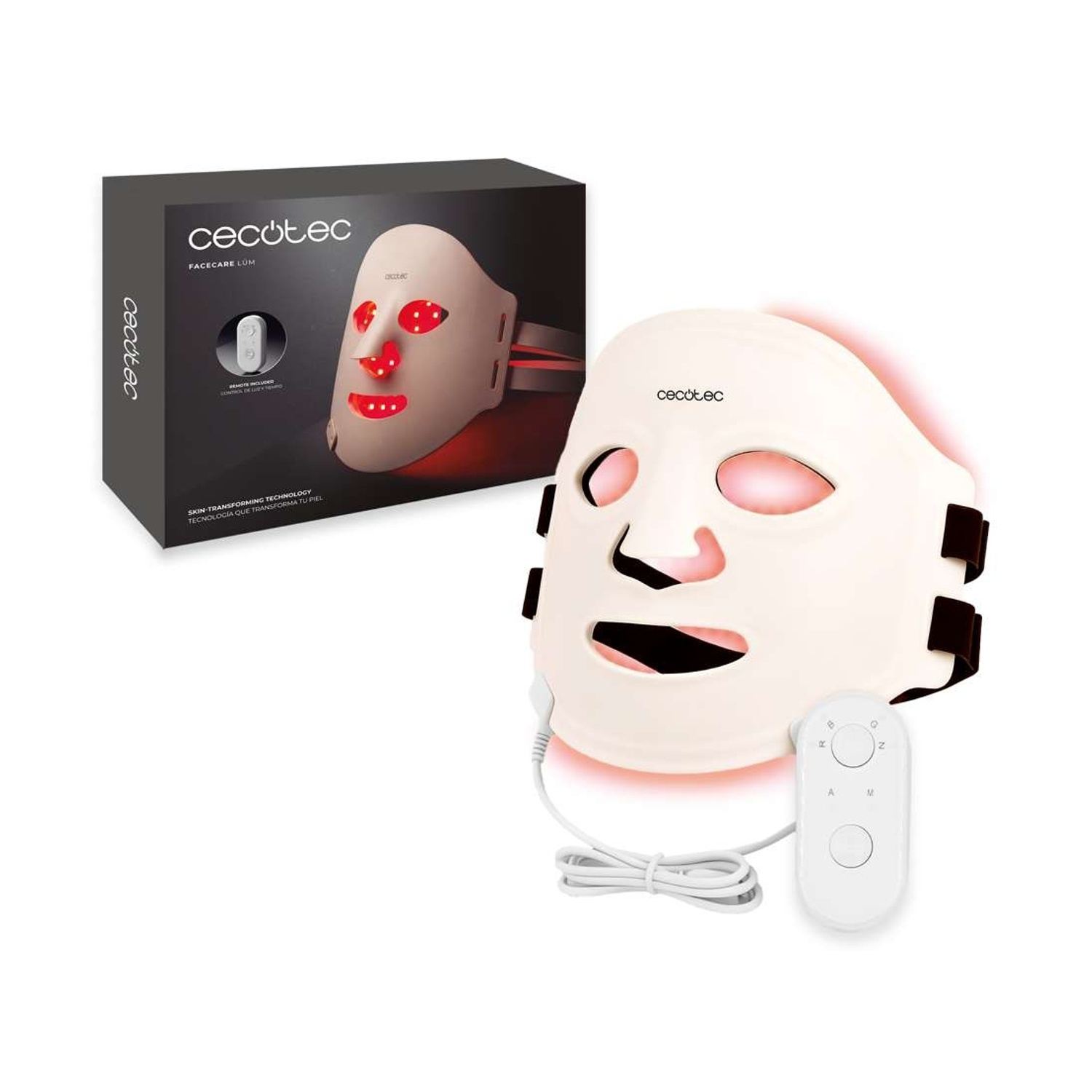 Una maschera facciale LED Cecotec bianca con luce rossa, telecomando e scatola di imballaggio su sfondo bianco.