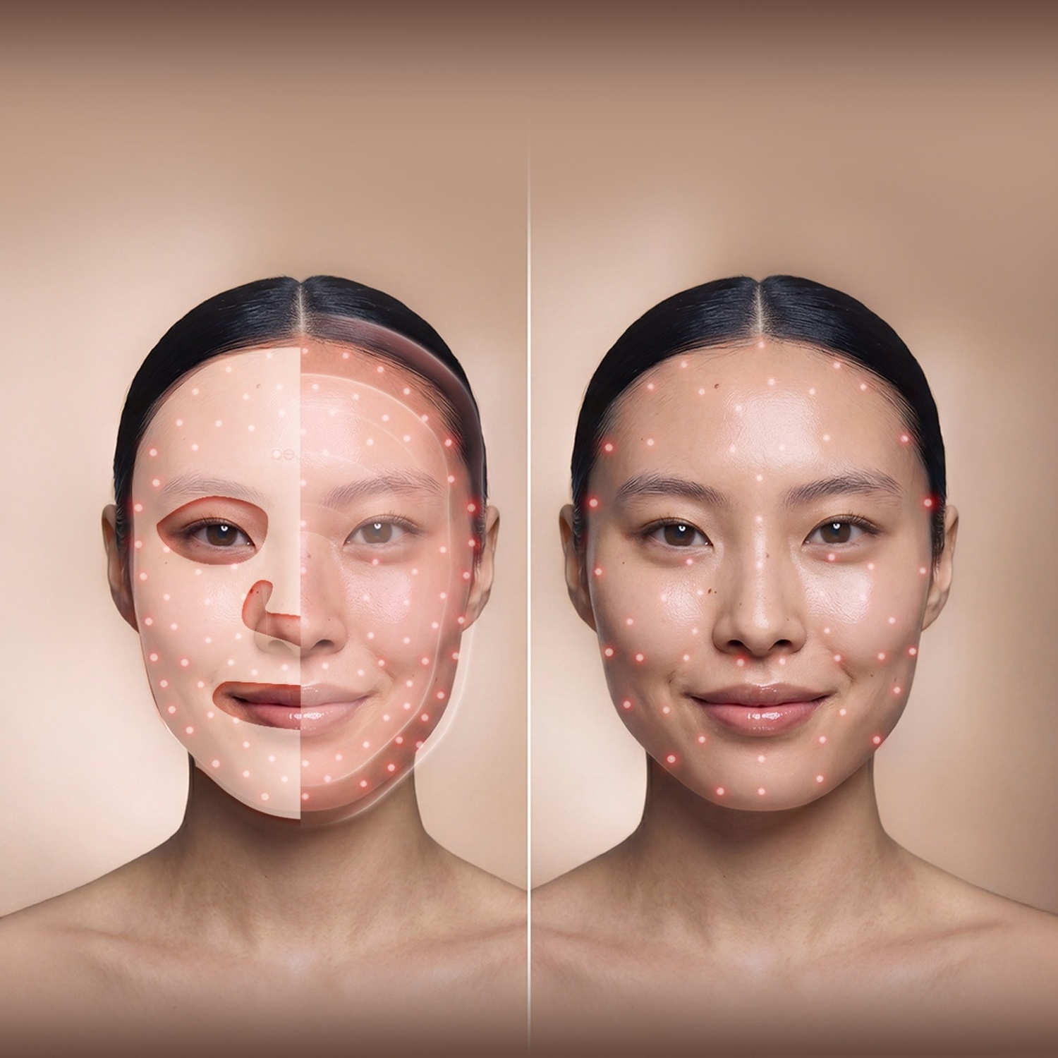 Volto di donna con punti luminosi rossi per l'analisi della pelle, sinistra con sovrapposizione, destra naturale.