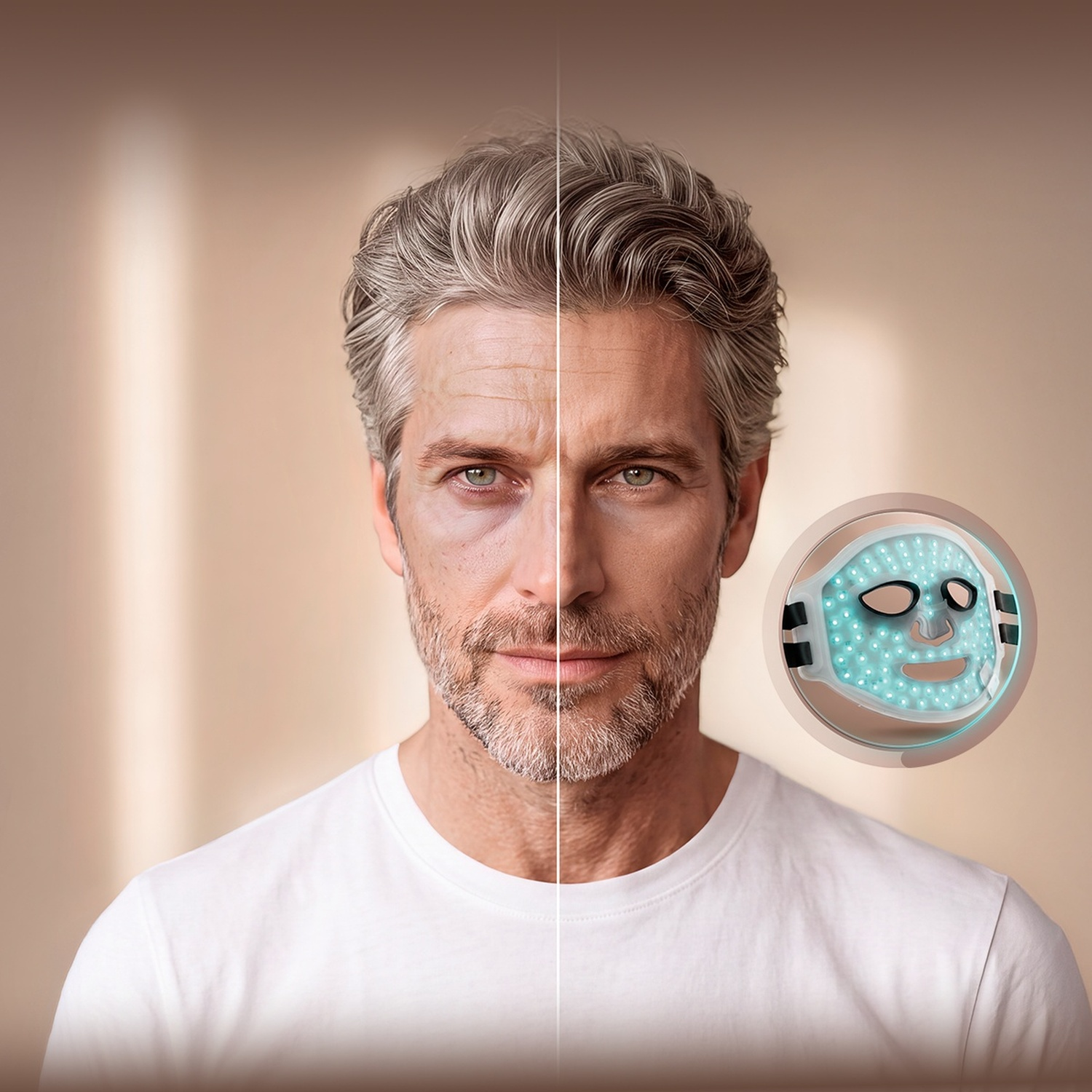 Confronto diviso di un uomo con i capelli grigi e maschera facciale a LED.
