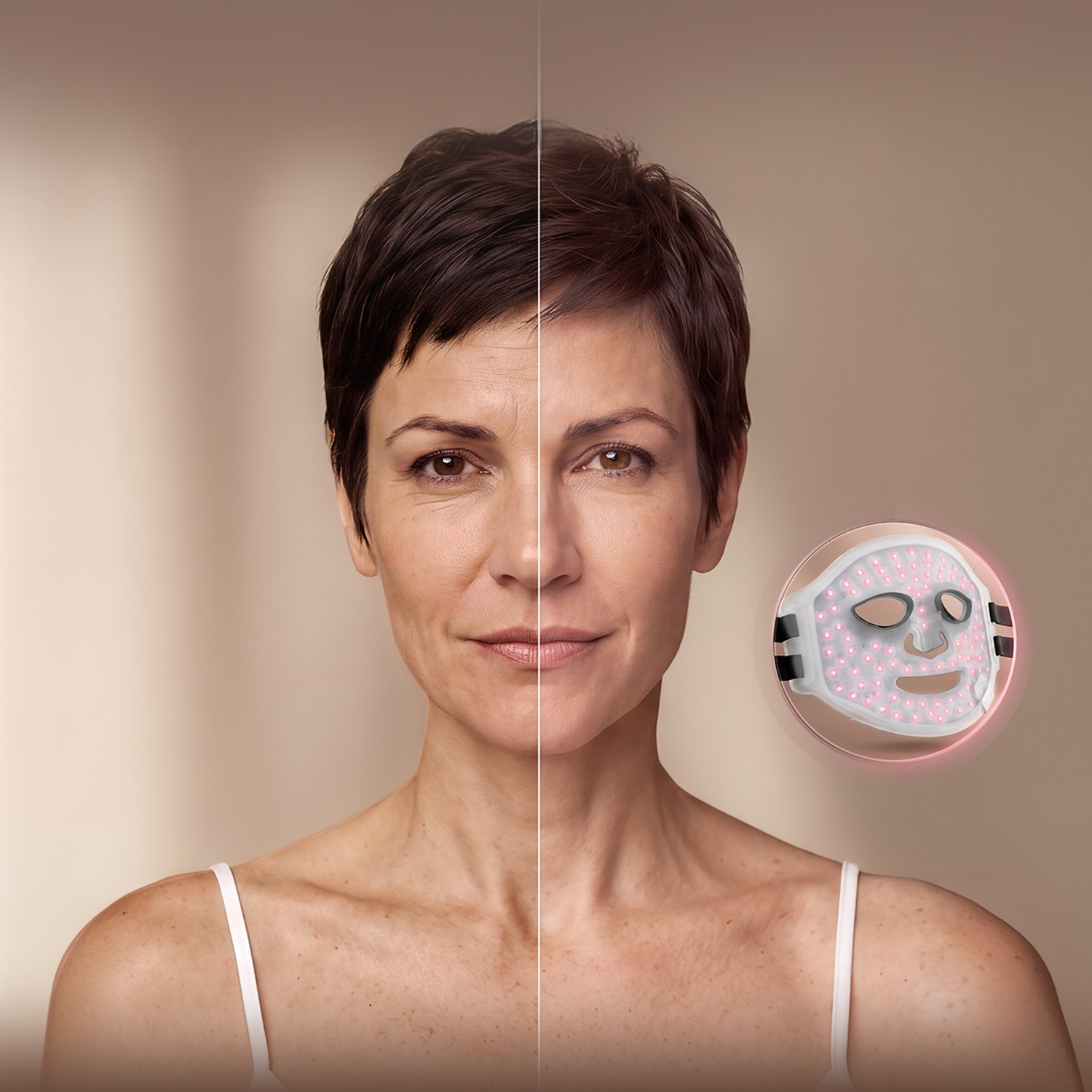Confronto del viso di una donna prima e dopo il trattamento con maschera LED, con maschera in basso a destra.