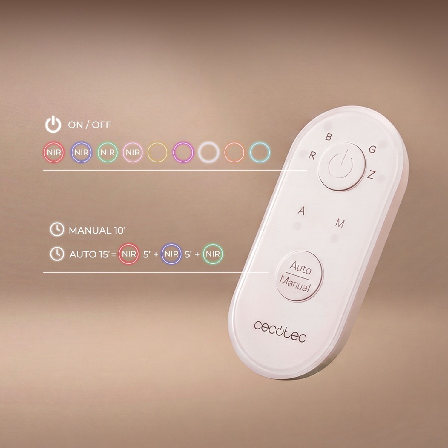 Un telecomando bianco Cecotec con istruzioni colorate su sfondo beige.