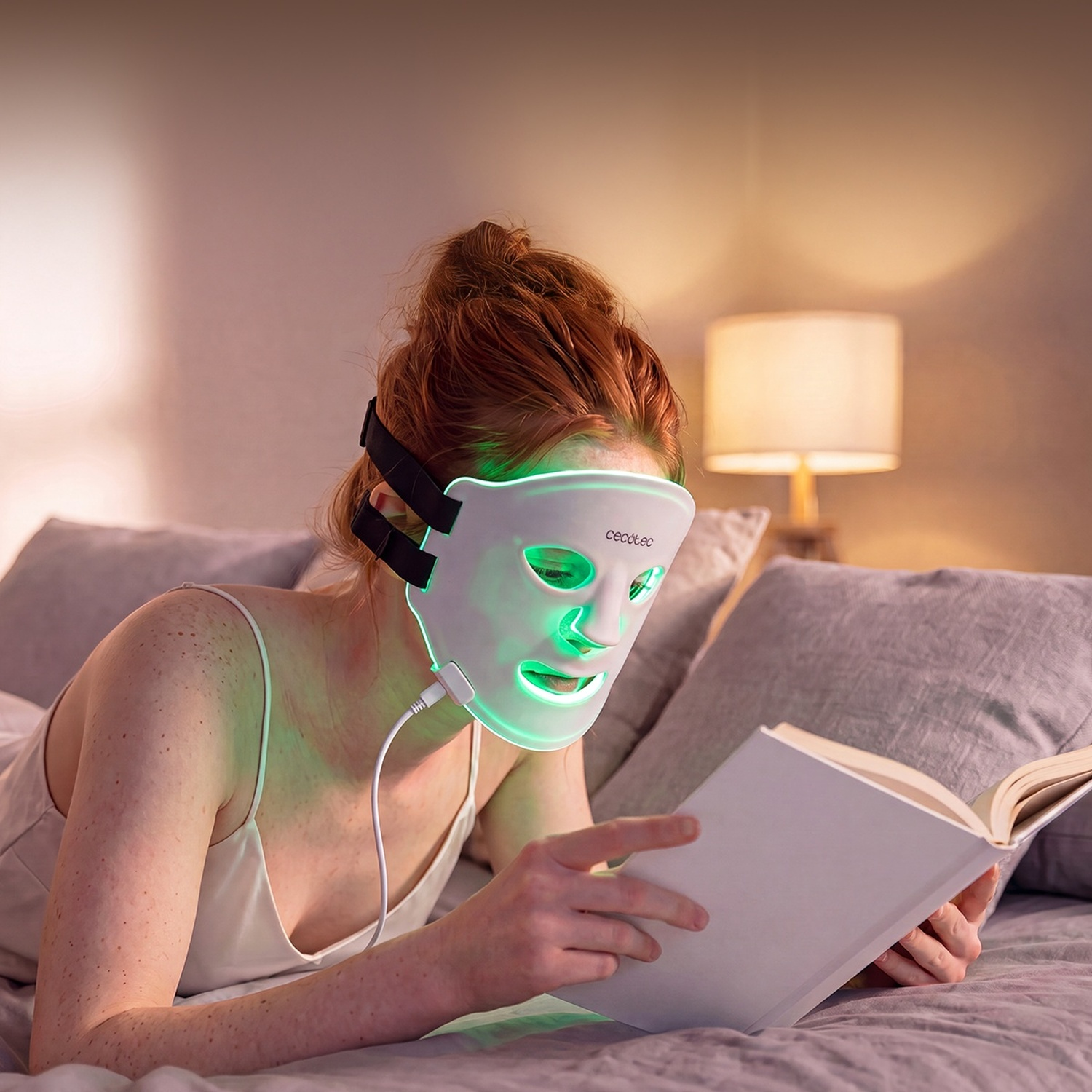 Una donna dai capelli rossi legge a letto indossando una maschera facciale a LED bianca.