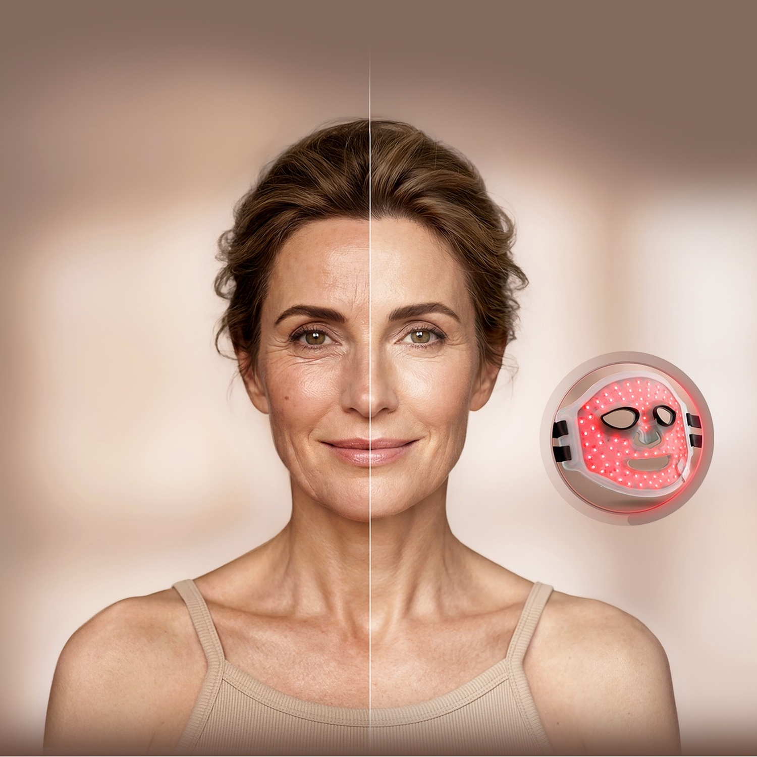 Vista divisa del viso di una donna prima e dopo il trattamento, con una maschera LED rossa a destra.