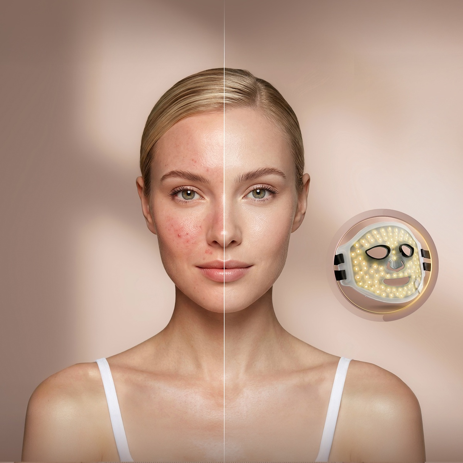 Confronto della pelle con acne a sinistra e pulita a destra, con maschera LED.