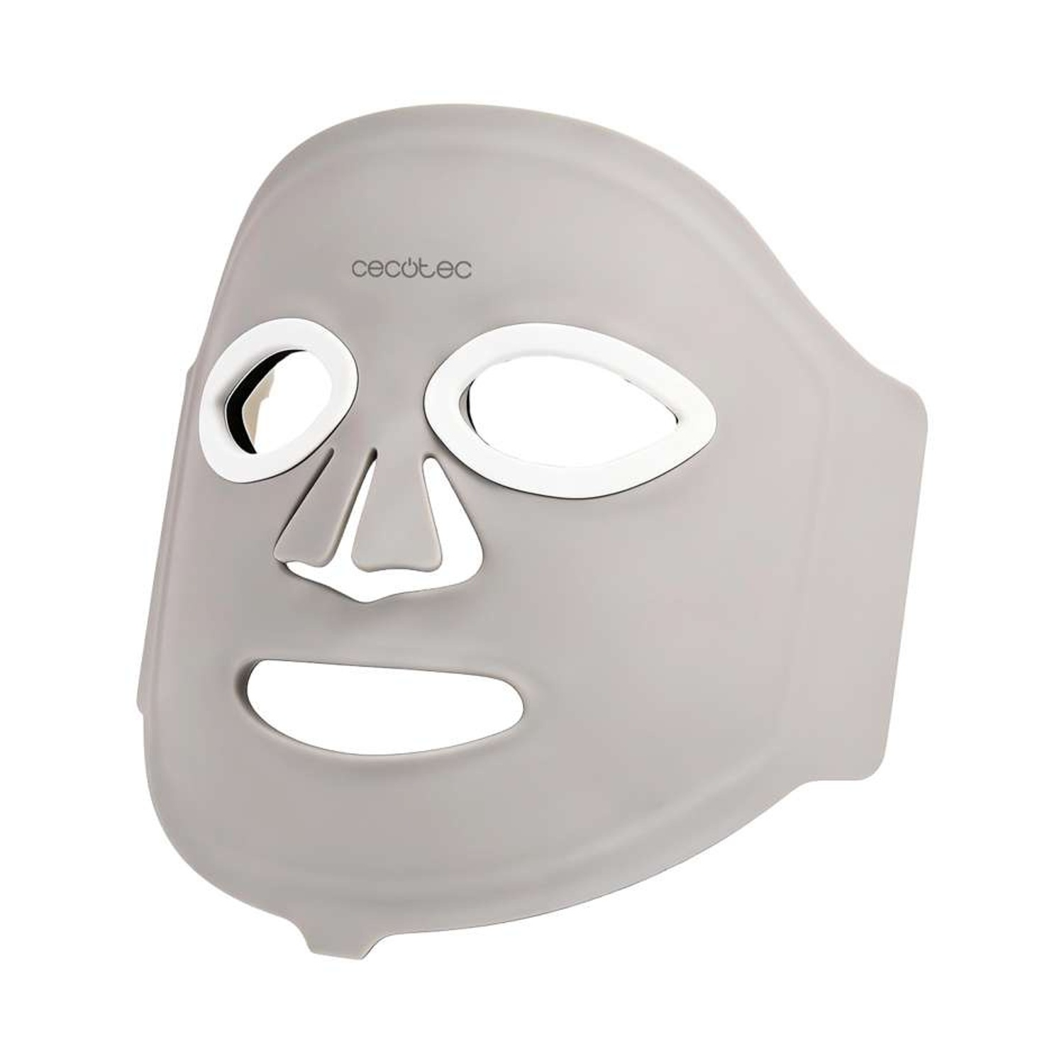 Una maschera facciale a LED grigia con bordi bianchi intorno a occhi, naso e bocca e il logo Cecotec.