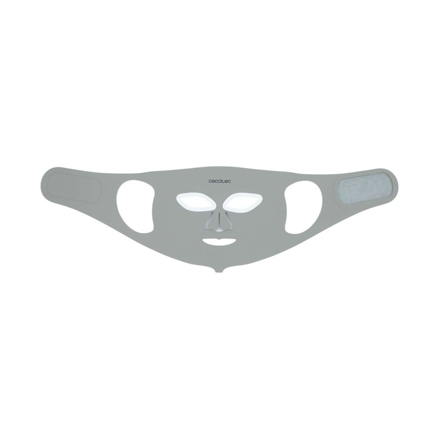 Una maschera facciale grigia con cinturino e aperture per occhi, naso e bocca su sfondo bianco.