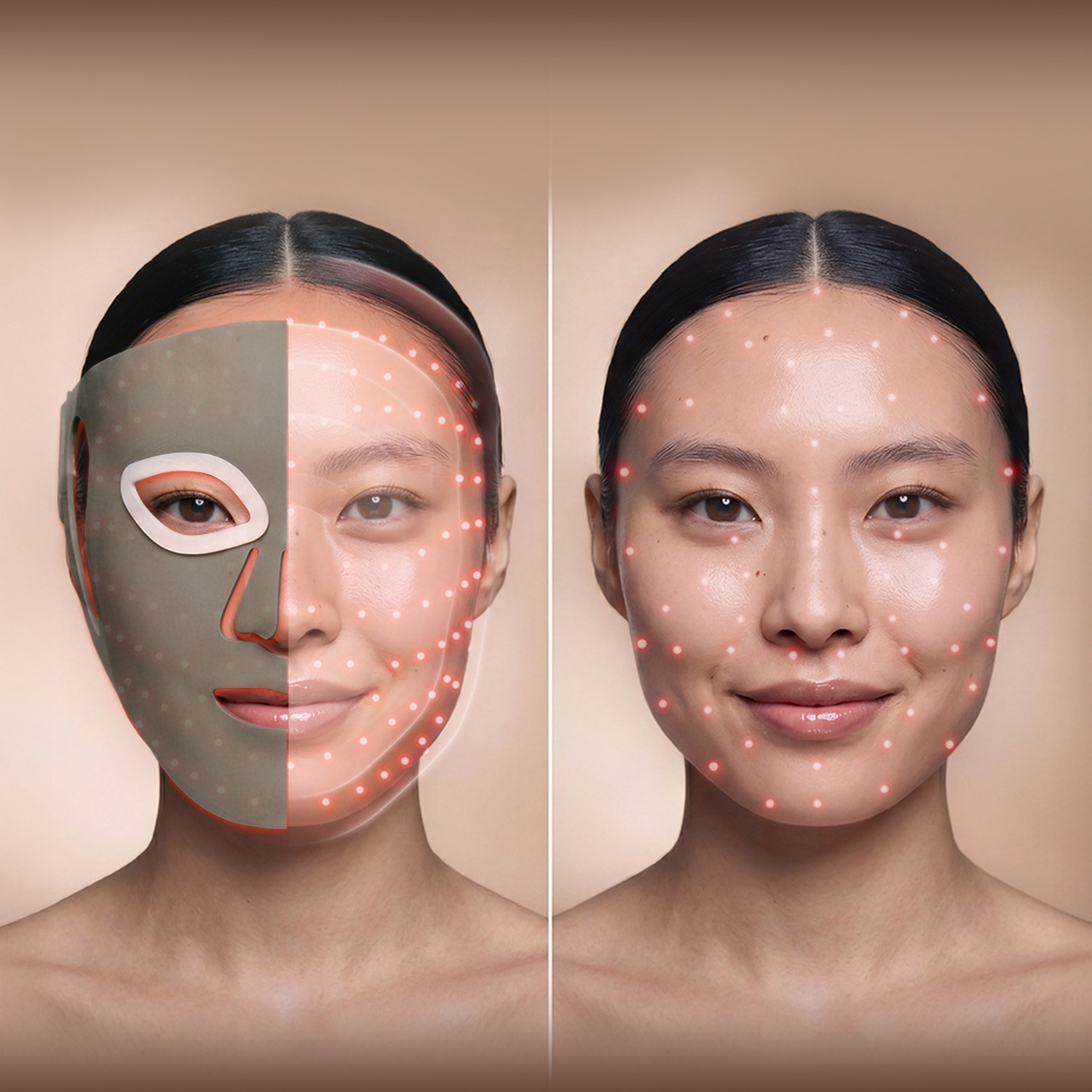 Viso di donna, a sinistra con maschera tecnologica e punti luce rossi, a destra con punti luce sulla pelle.