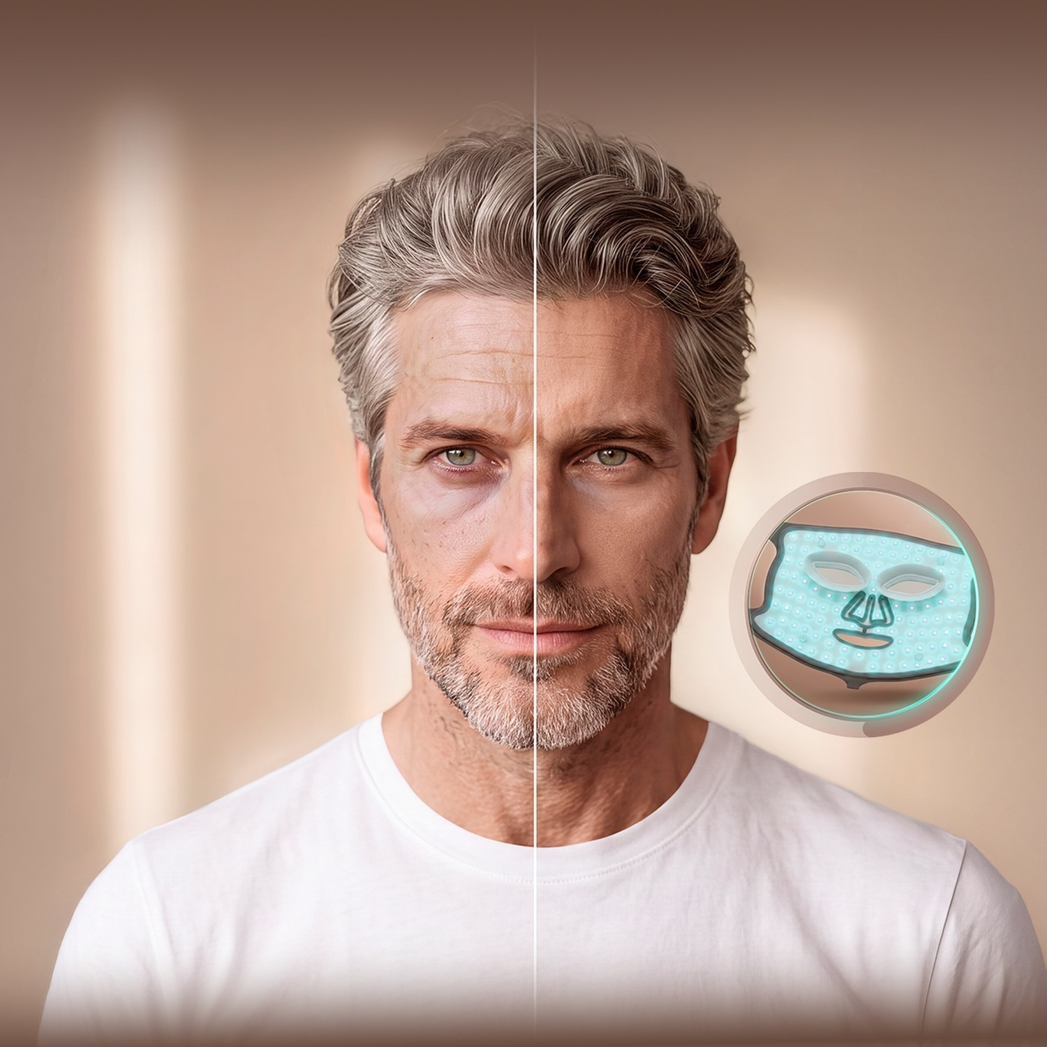 Confronto prima e dopo del viso di un uomo, con miglioramento della pelle e maschera LED.
