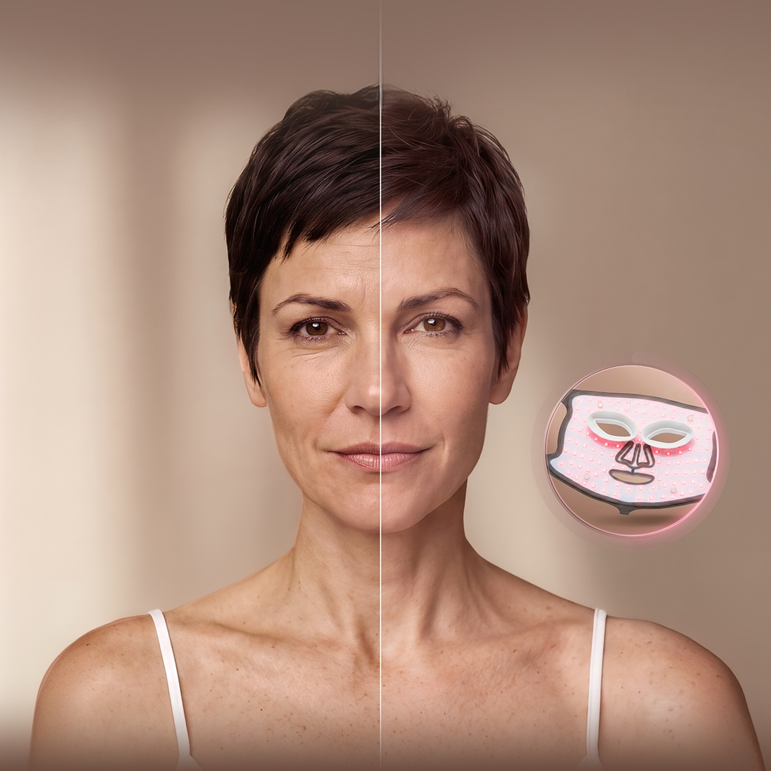 Una donna con i capelli corti mostra la pelle prima e dopo la maschera LED.