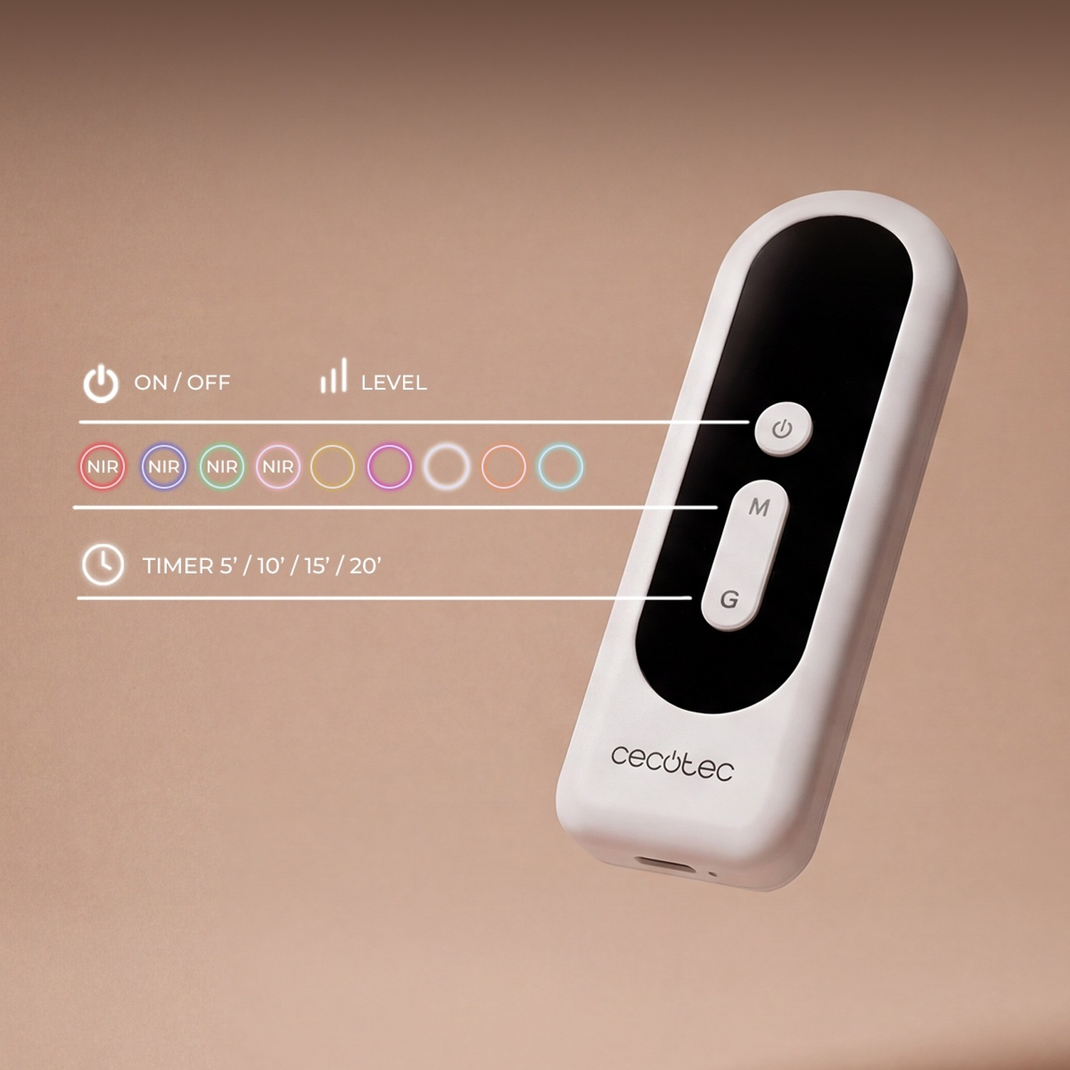 Telecomando Cecotec con tasti di accensione, modalità e timer su sfondo beige con diagrammi esplicativi.