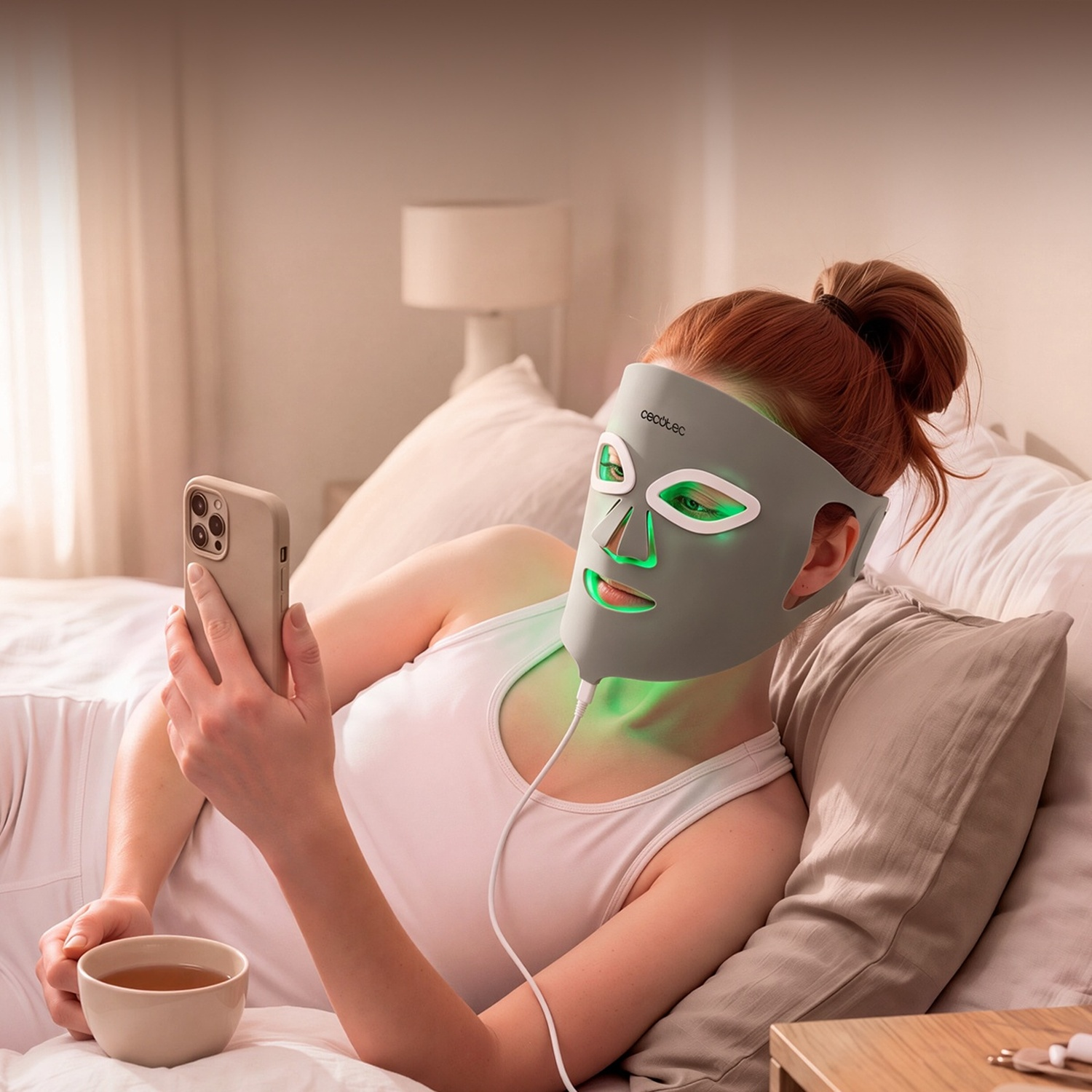 Una donna a letto indossa una maschera facciale LED grigia con luce verde, tenendo uno smartphone e una tazza.