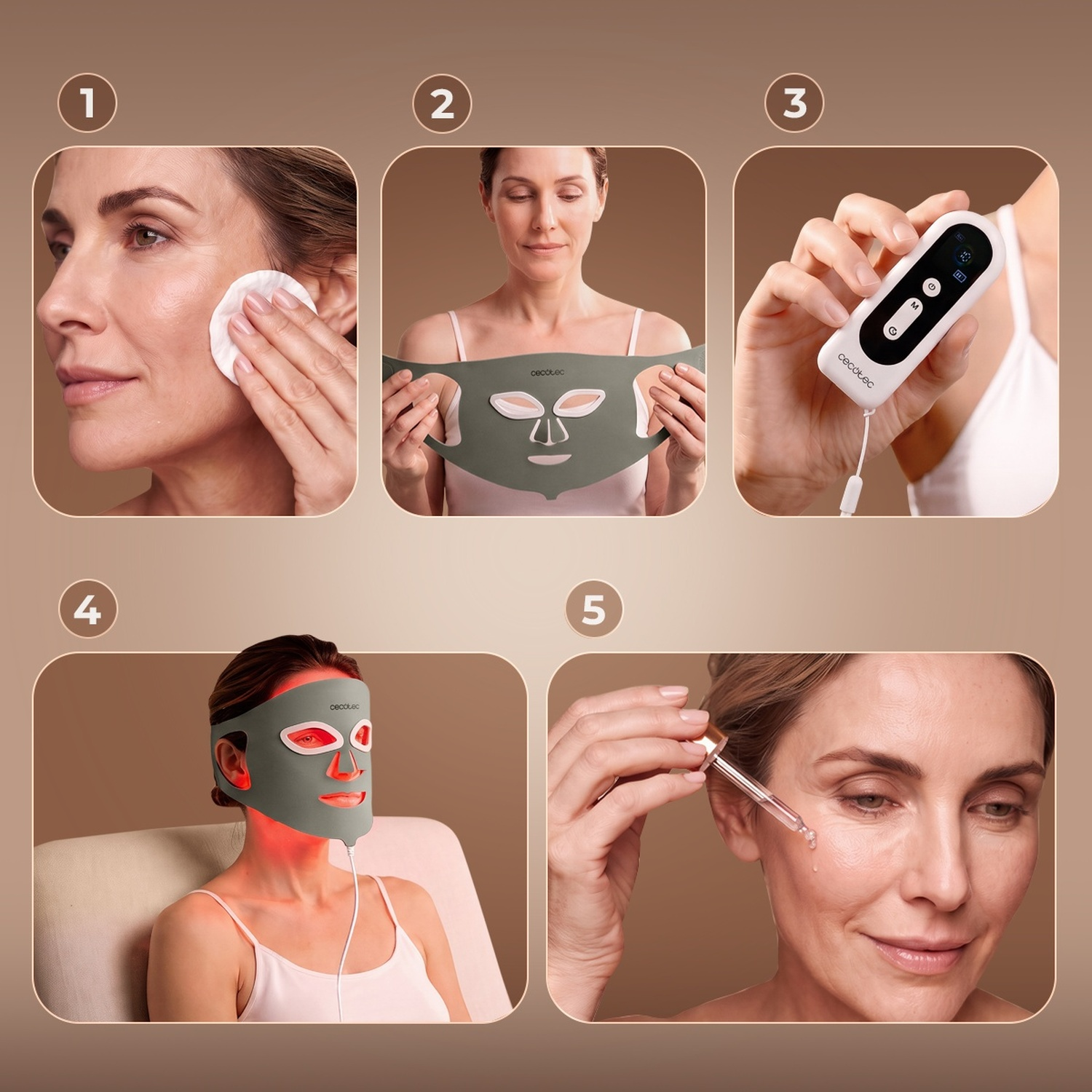 Cinque immagini mostrano fasi di skincare con pulizia, maschera LED, telecomando e siero.