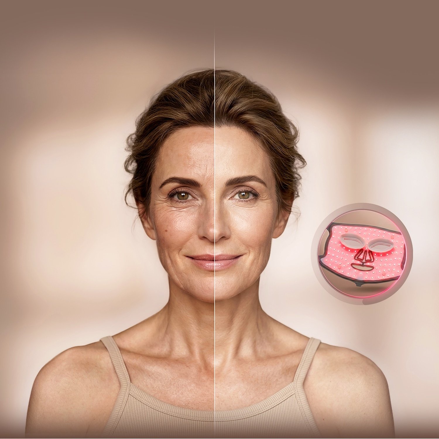 Confronto prima e dopo del viso di una donna, con riduzione delle rughe da maschera a LED.