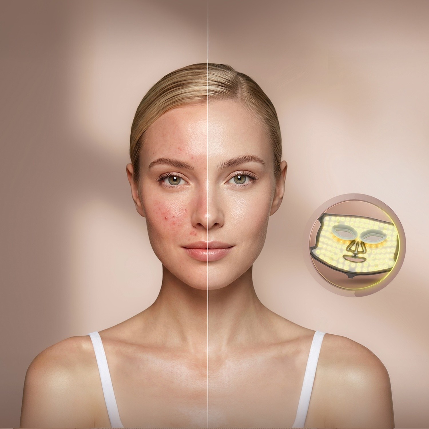 Confronto di un viso prima e dopo il trattamento con maschera LED.