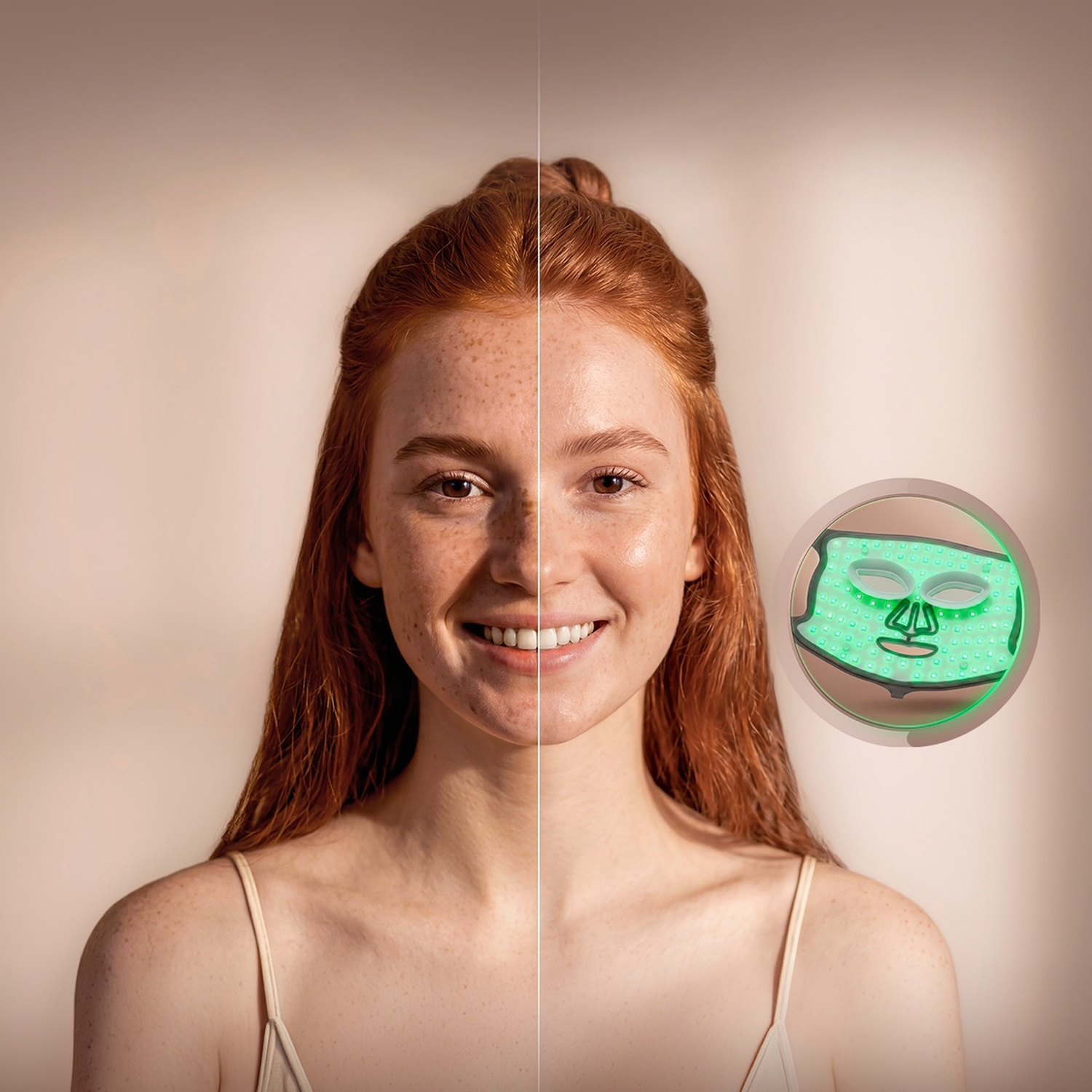 Viso di una donna dai capelli rossi prima e dopo il trattamento, con una maschera LED verde.