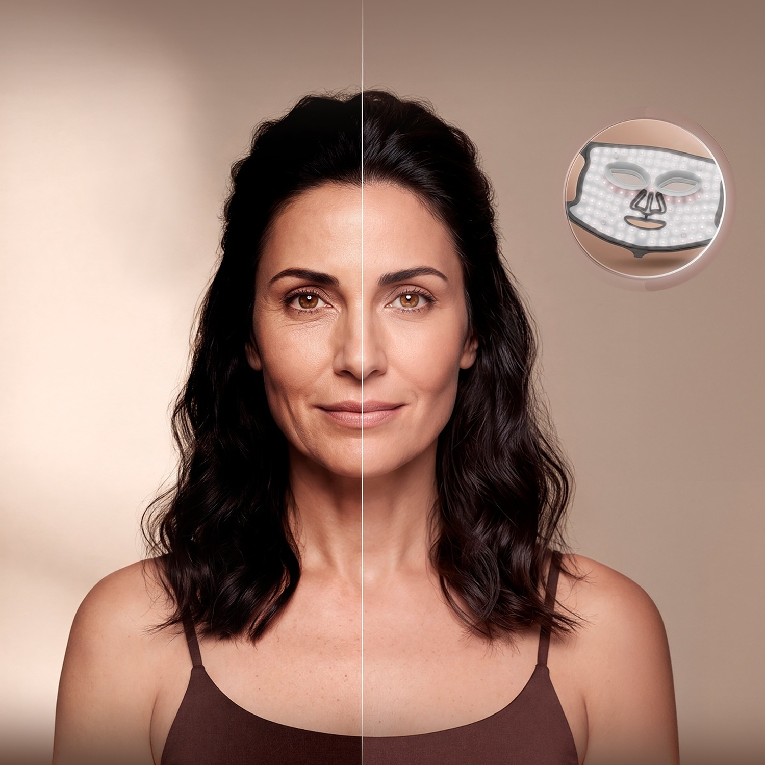 Donna con maschera LED: a sinistra rughe, a destra pelle più liscia.