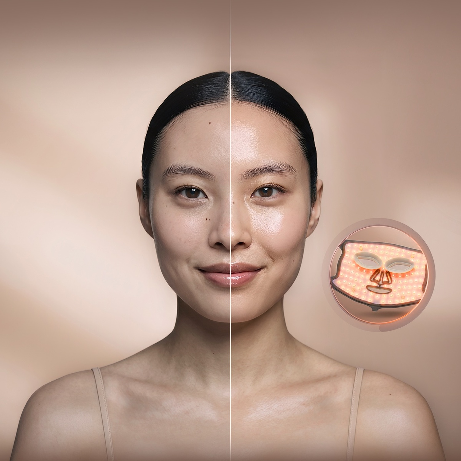 Confronto viso diviso che mostra la pelle prima e dopo una maschera LED rossa.