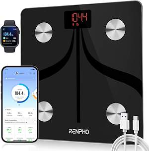 Balanza corporal digital negra con teléfono inteligente, reloj inteligente y cable USB.