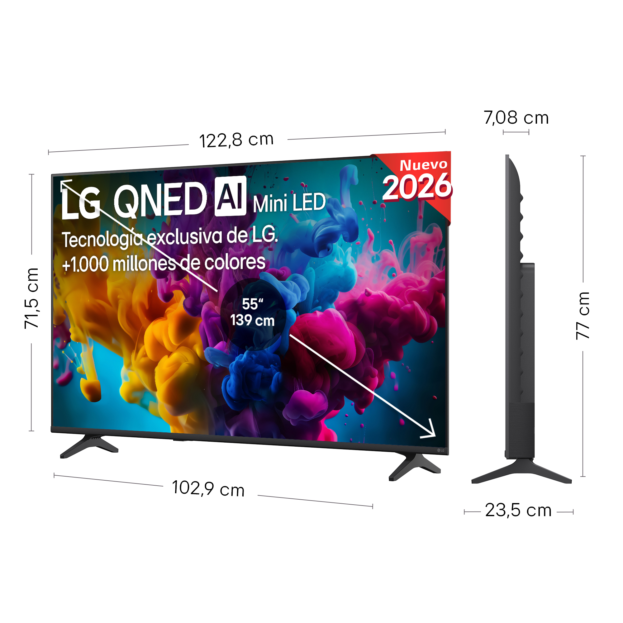 Esquema técnico que muestra las dimensiones y medidas de un televisor LG QNED Mini LED con pantalla a color.