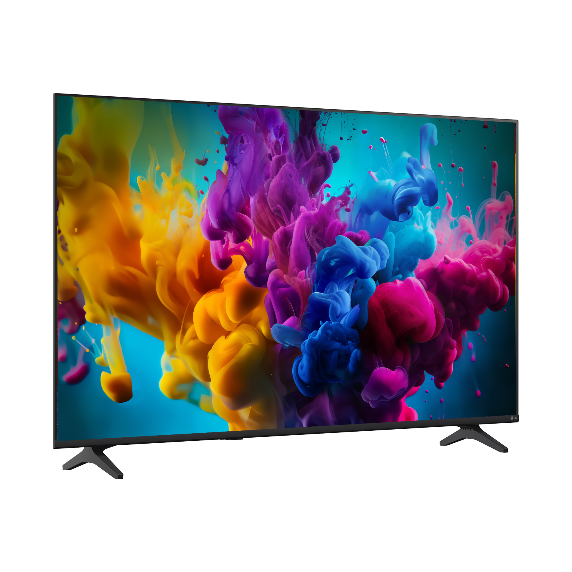 Un televisor de pantalla plana muestra una colorida explosión de tinta amarilla, morada y azul sobre fondo azul.