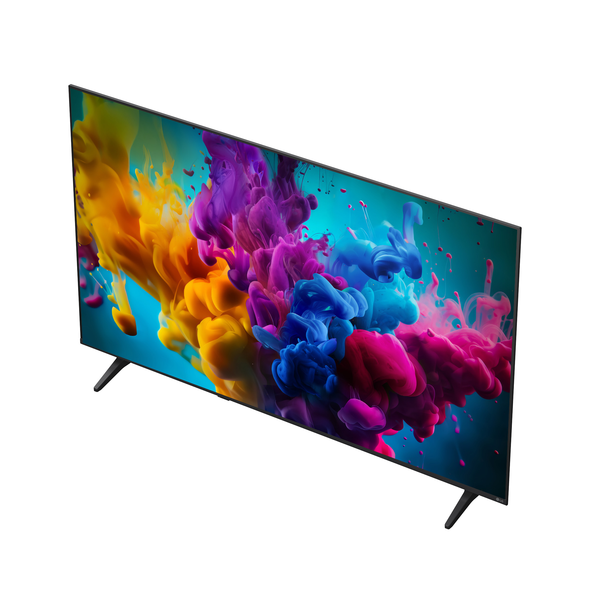 Un televisor elegante muestra una imagen vibrante de nubes de tinta amarilla, morada y azul sobre fondo azul.