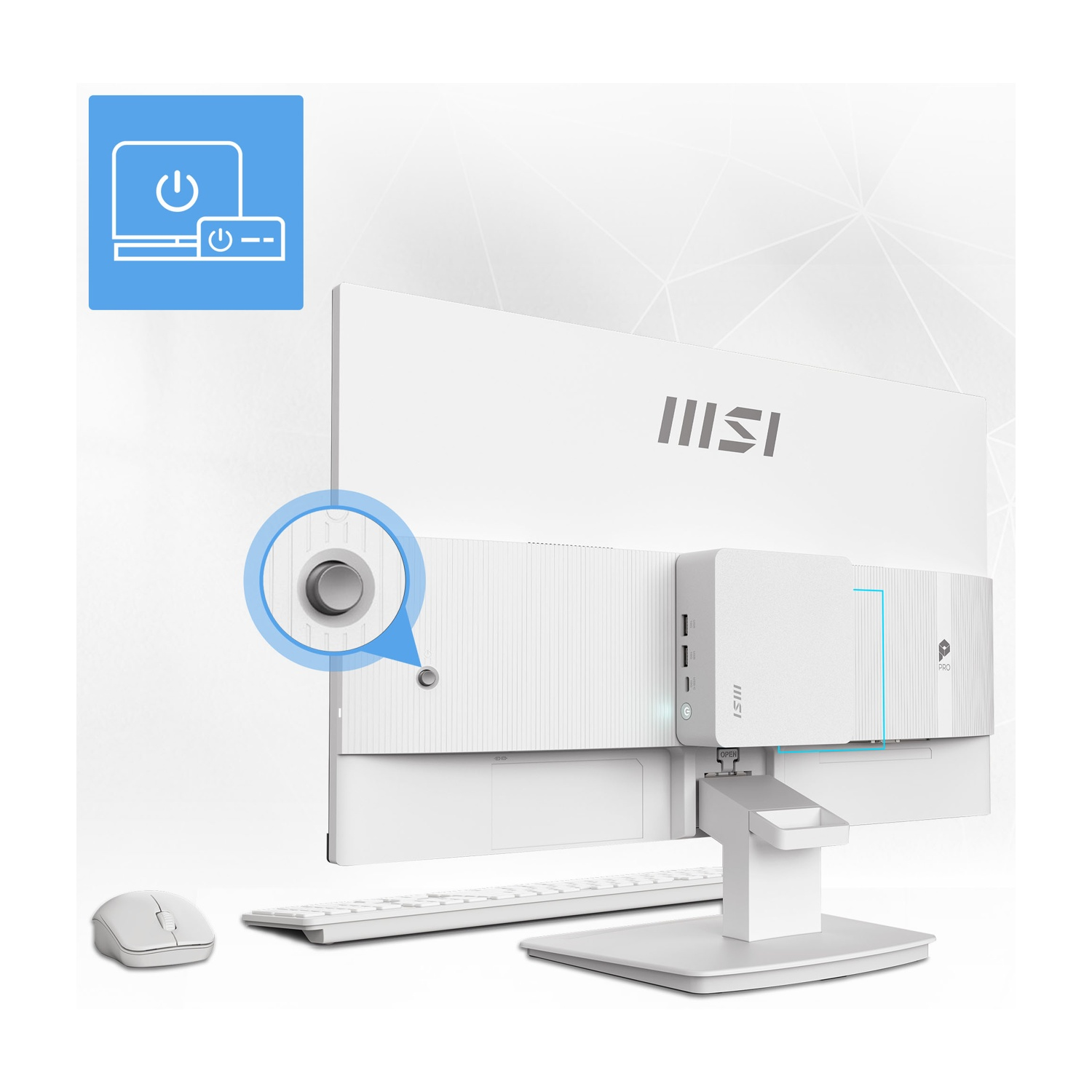 Vista posteriore di un PC all-in-one MSI bianco, con primo piano del pulsante di accensione, porte, tastiera e mouse.